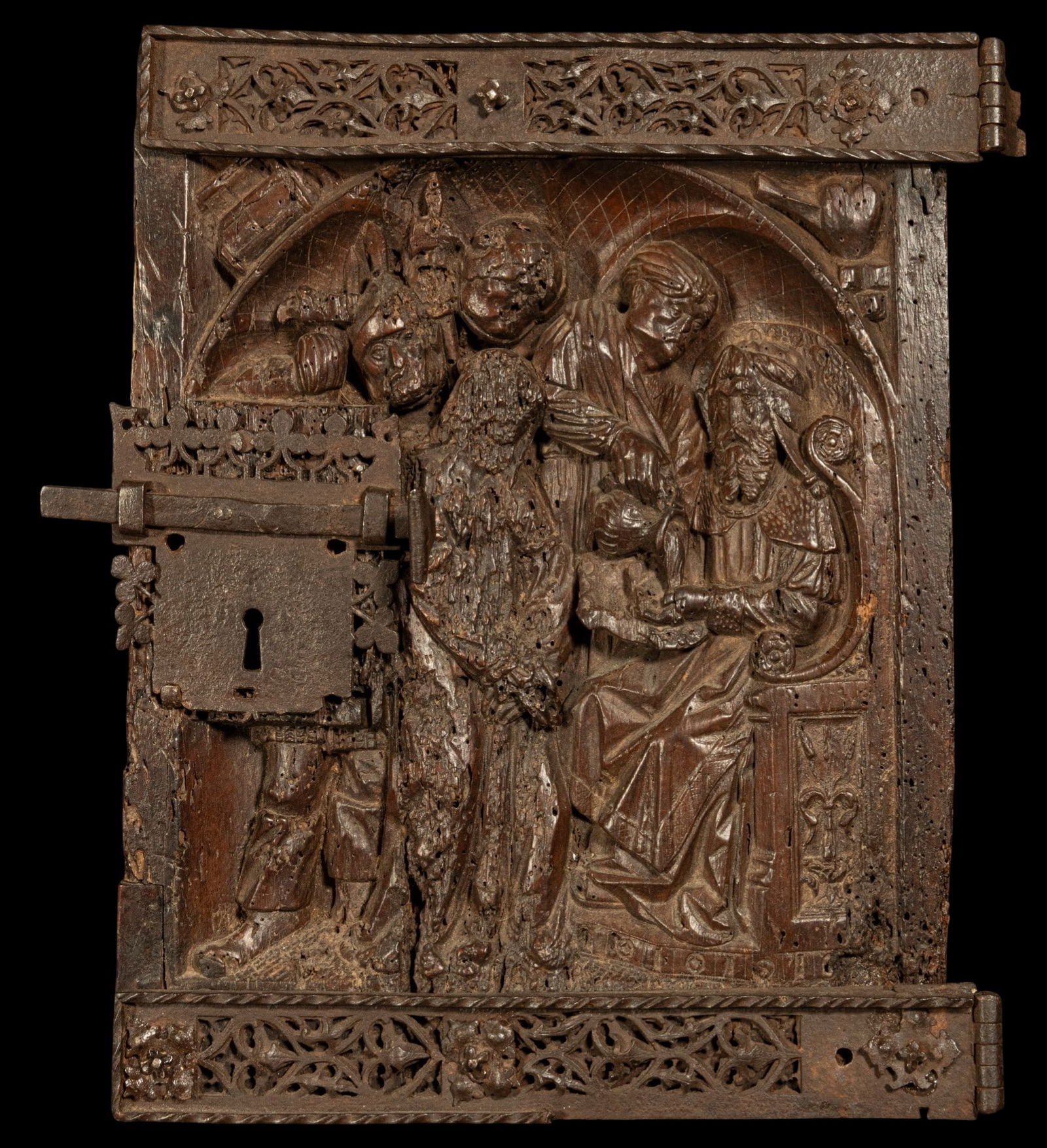 Exquisite Gothic Hispano-Flemish Tabernacle Door from the 15th Century: In oak. With original hardware. 38 x 32 x 4 cm