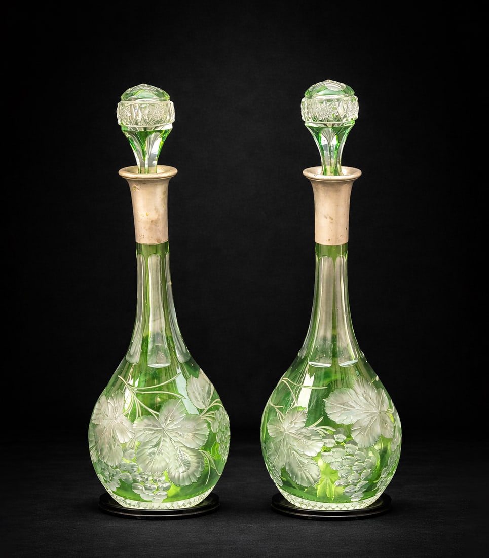 Pair of Bohemian crystal bottles with silver rims, Germany, 19th century: Bohemian crystal and silver mount. Height: 40 cm. Elegant pair of bottles made of Bohemian crystal, renowned for the quality and transparency of its glass since the 18th century. The pieces have an el