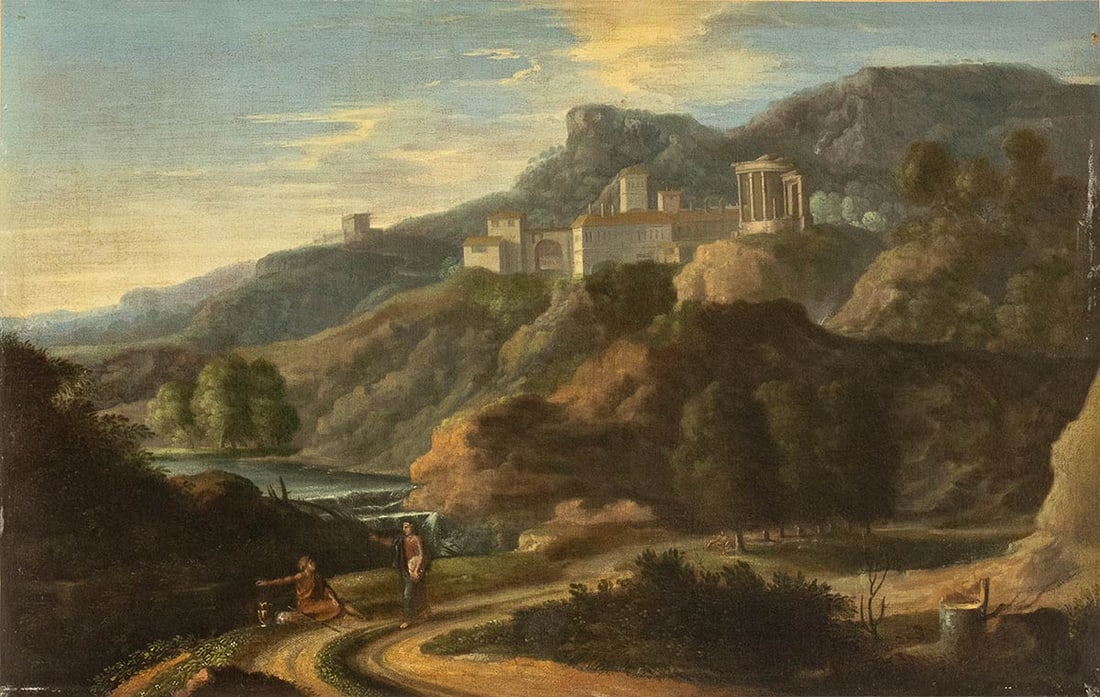 17th Century Roman School - Ideal view with village, the Temple of the Sibyl in Tivoli and figures: Oil on canvas. Dimensions: 45.5 × 71.5 cm. The work presents an idealized view of the Roman landscape, featuring the famous Temple of the Sibyl in Tivoli, one of the most evocative monuments in the R
