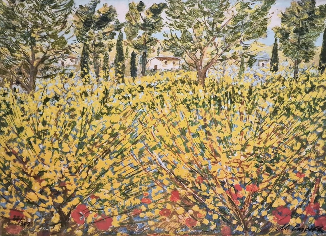 MICHELE CASCELLA (Ortona, 1892 – Milan, 1989) - Ginestre in Toscana (1983): Screenprint and lithograph in 30 passes of color on canvas. Dimensions: 50 × 70 cm. Signed in the lower right corner. Copy number 27 of an edition of 300 copies numbered with Arabic numerals, plus C
