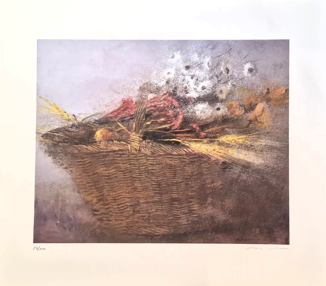 RENZO CROCIARA (Italy, 20th century) Basket, 1990s: Color lithograph on paper. Dimensions: 70 × 80 cm. Signed in pencil in the lower right corner and signed on the plate in the lower left corner. Copy no. 27 of an edition of 100 copies numbered with A