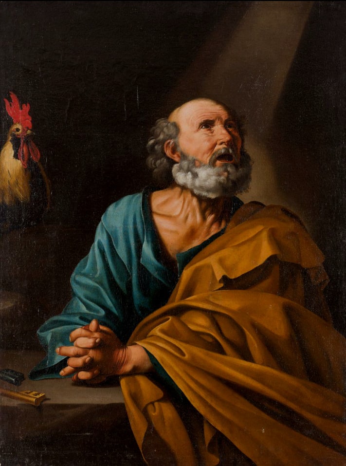 MATTHIAS STOMER (STOM), attributed (Amersfoort, c. 1600 – Sicily?, c. 1650) - Saint Peter Penitent: Oil on canvas. Dimensions: 127 × 97 cm. The painting depicts Saint Peter at the moment of his repentance, immediately after denying Christ three times, an episode recounted in the Gospels. The apostl