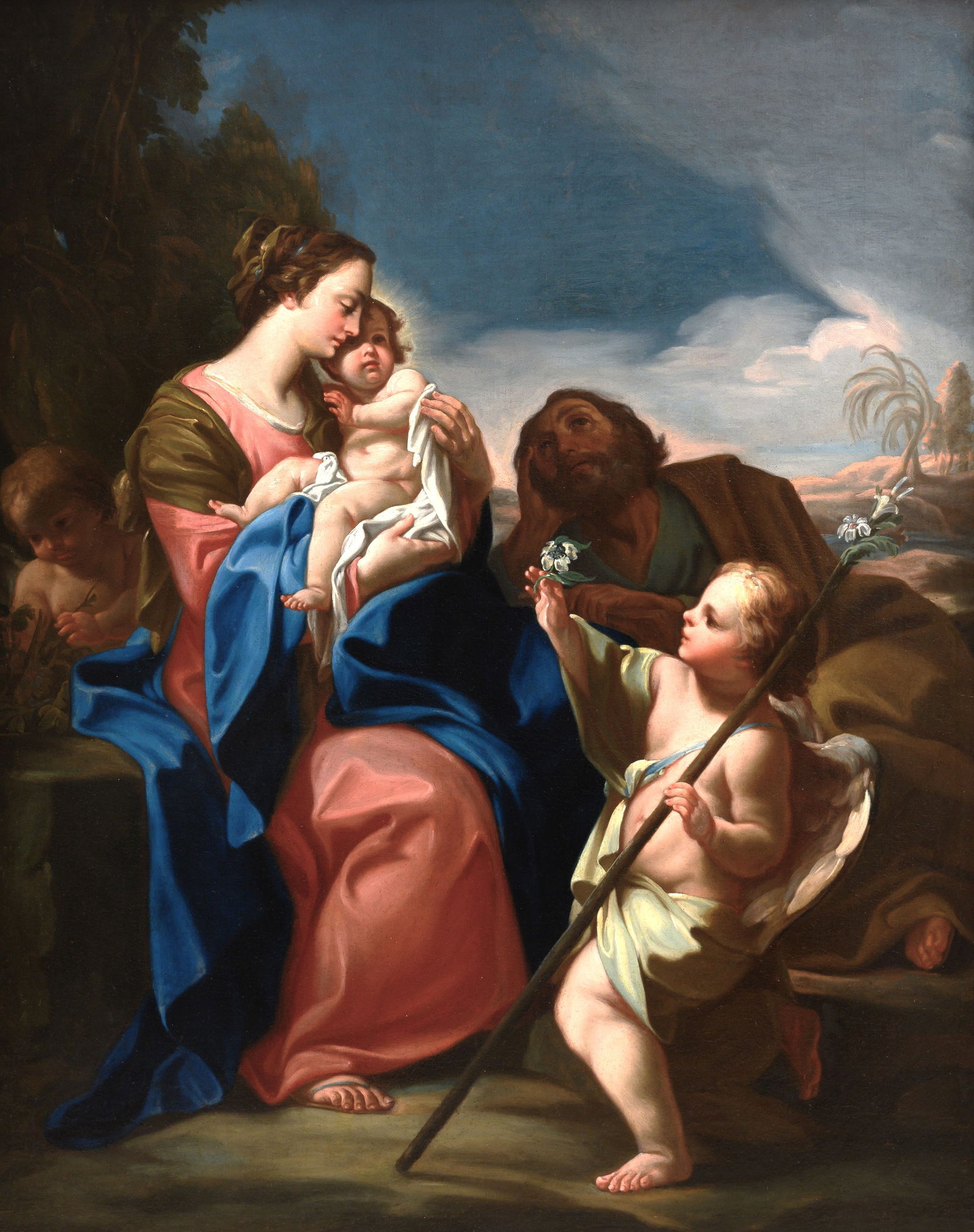 CORRADO GIAQUINTO (Molfetta, 1703 – Naples, 1766) - Holy Family with two little angels (c.: Oil on canvas. Dimensions: 110 × 88 cm. We are grateful to Professor Nicola Spinosa for his help and advice in cataloging this work. Previously unpublished and in excellent condition, this painting i