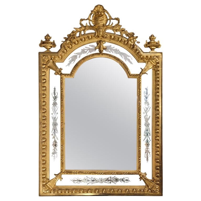 WALL MIRROR, CARVED AND GILDED WOOD, NAPOLEON III, CIRCA 1880 – FRANCE: Style: Napoleon III. Materials: Carved and gilded wood, mirror. Period: Napoleon III era (1852–1880). Country of origin: France. Good condition considering its age and use. Overall dimensions: 131 x