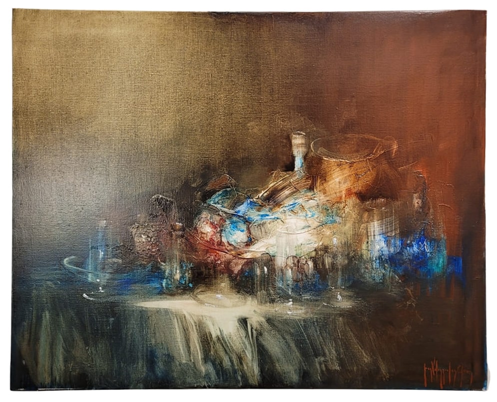 “STILL LIFE WITH CRYSTAL JARS?? JUAN VALENZUELA Y CHACÓN, 1989 – SPAIN: Technique on support: Oil on canvas. Title of the work: “Still Life with Glass Pitchers”. Author: Juan Valenzuela y Chacón. Year: 1989 - Country of origin: Spain. Provenance: Private collecti