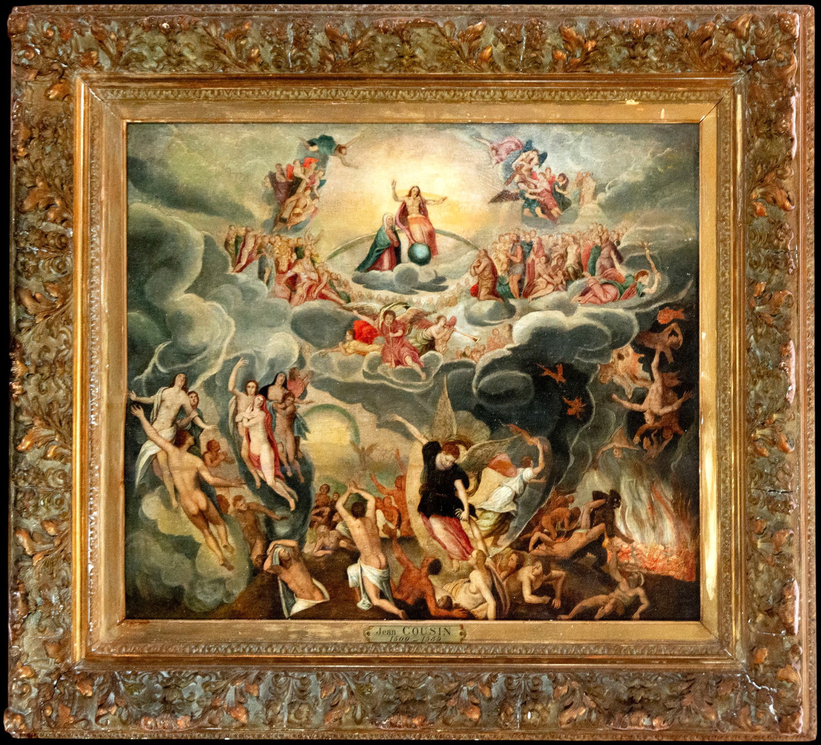 Last Judgment, Attributed to Jean Cousin, French Renaissance, 16th Century: Oil on panel. Dimensions 65 x 53 / 85 x 72 cm. A religious composition of great iconographic density, articulated in ascending registers, with the celestial realm presided over by Christ in glory acco