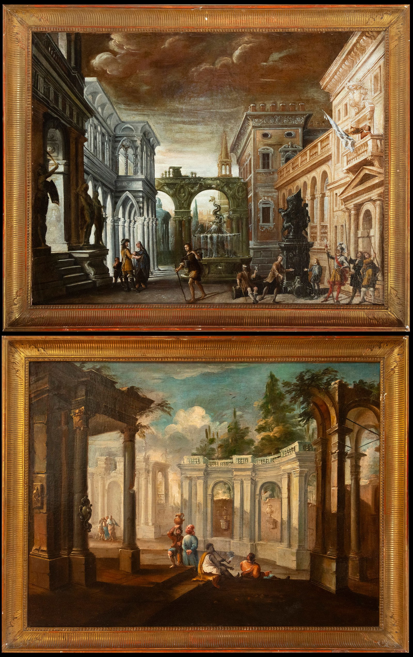 Pair of decorative architectural caprices with figures, Italian School, 18th Century: Oil on canvas. Measures 109 x 84 / 122 x 97 cm each.