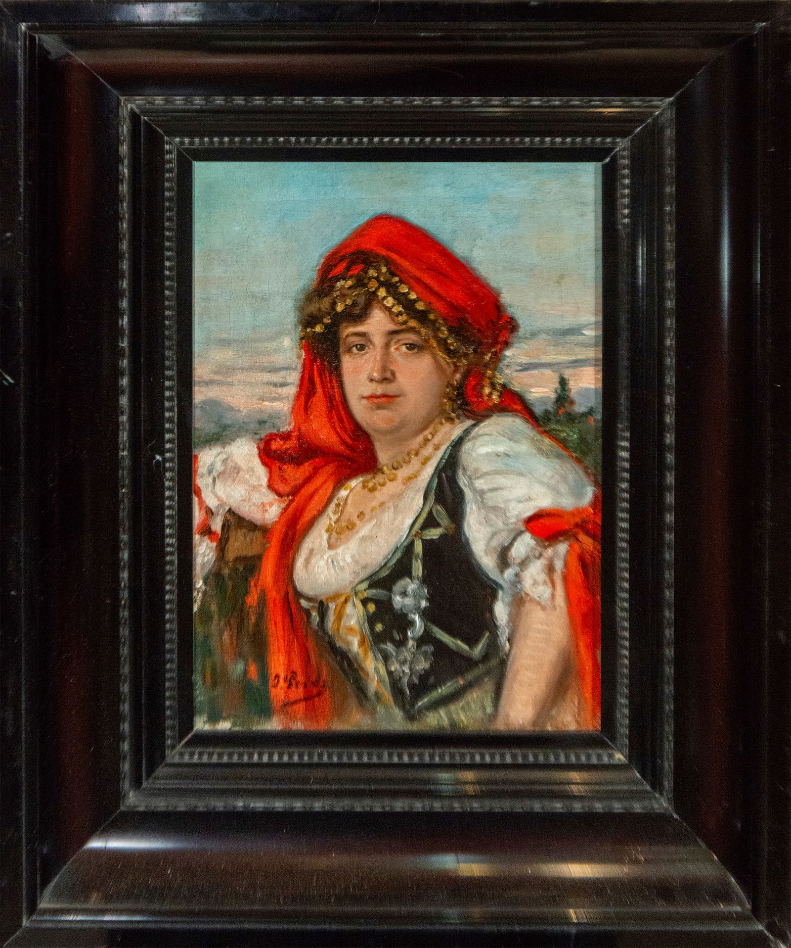 Portrait of a woman in traditional dress, Signed, Spanish school, 20th century: Oil on canvas. Dimensions 29 x 41 cm; framed 49 x 61 cm. Half-length portrait of a young woman dressed in traditional attire, dominated by a striking red headdress or scarf that frames her face and ch