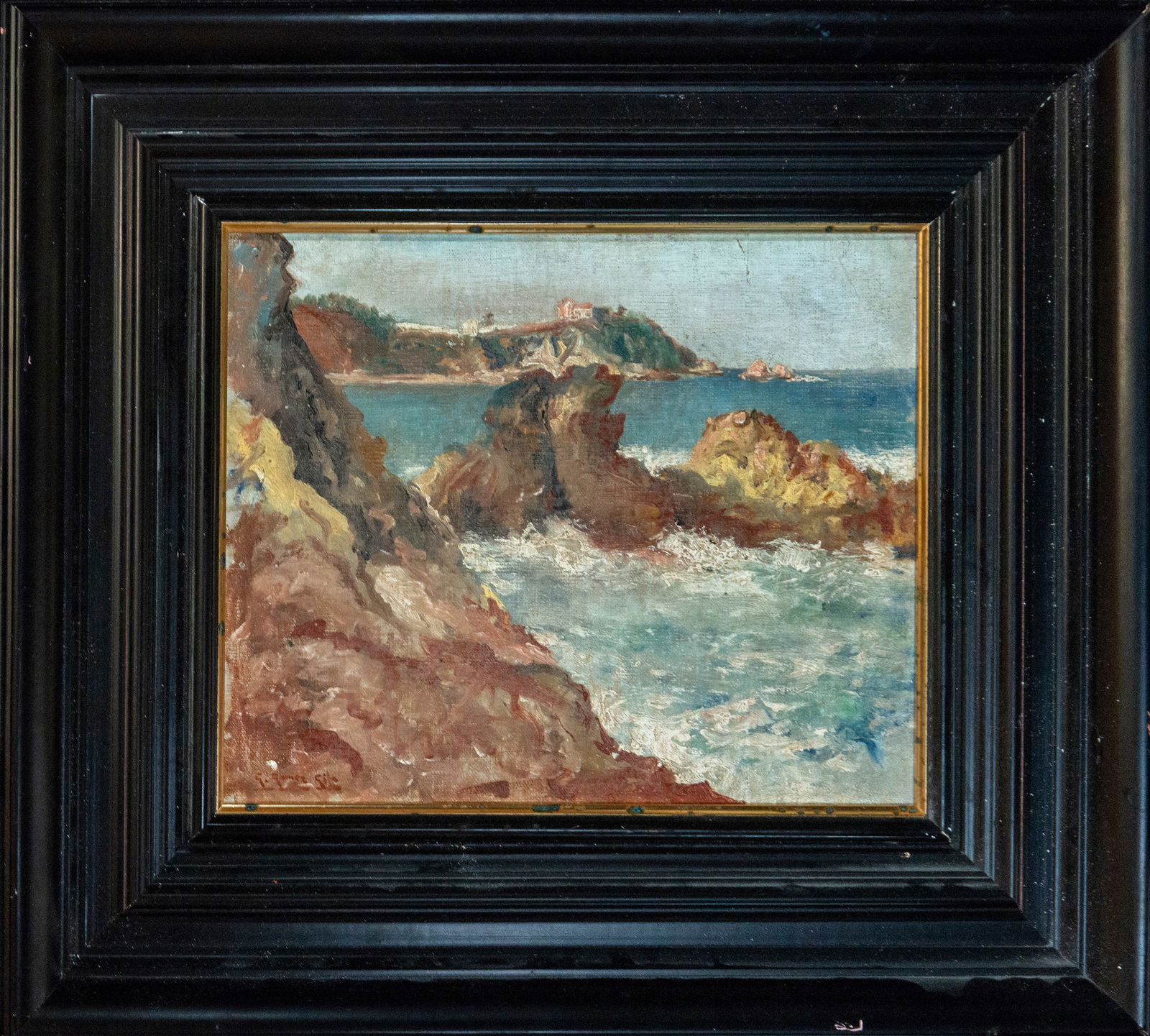 Breakers, Guillermo Gómez Gil, Spanish school, 19th-20th century: Oil on panel. Dimensions 29 x 39 cm; framed 49 x 60 cm. Seascape of a rugged coast in which a foreground of jagged rocks leads to a cove battered by waves, with a promontory in the background and buil