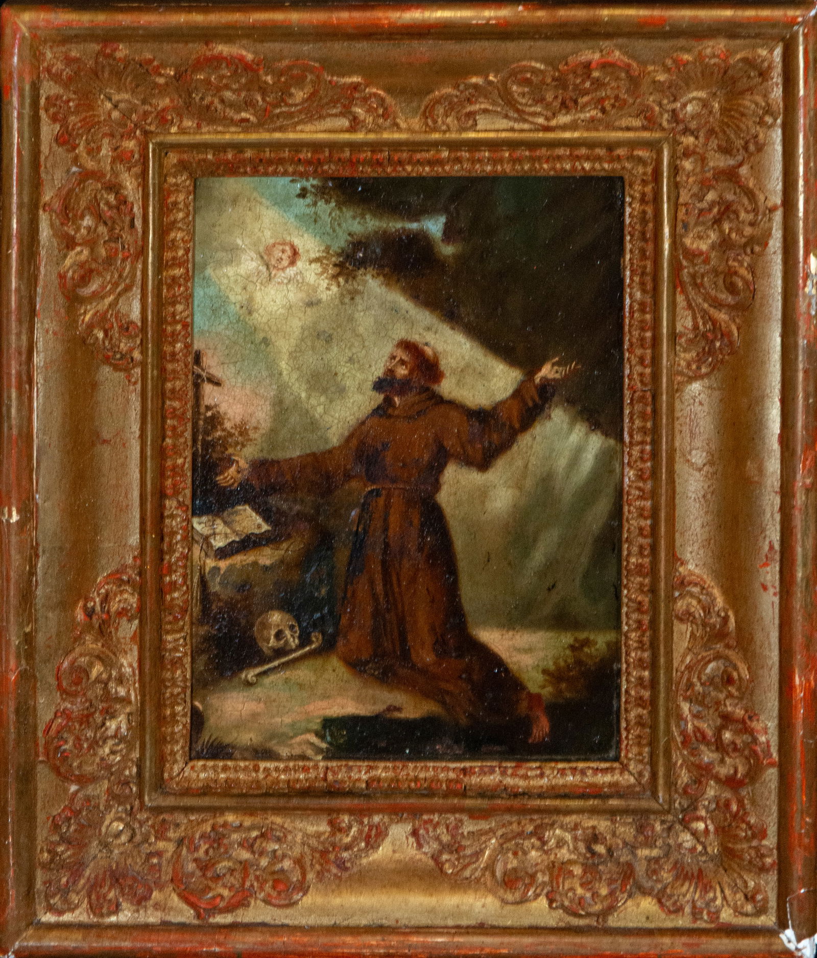 Saint Francis in ecstasy, Spanish school, 18th century: Oil on canvas. Dimensions 25 x 19 cm; framed 40 x 31 cm. A devotional composition of intense mystical content in which Saint Francis appears kneeling, with open arms and his face raised towards a burs