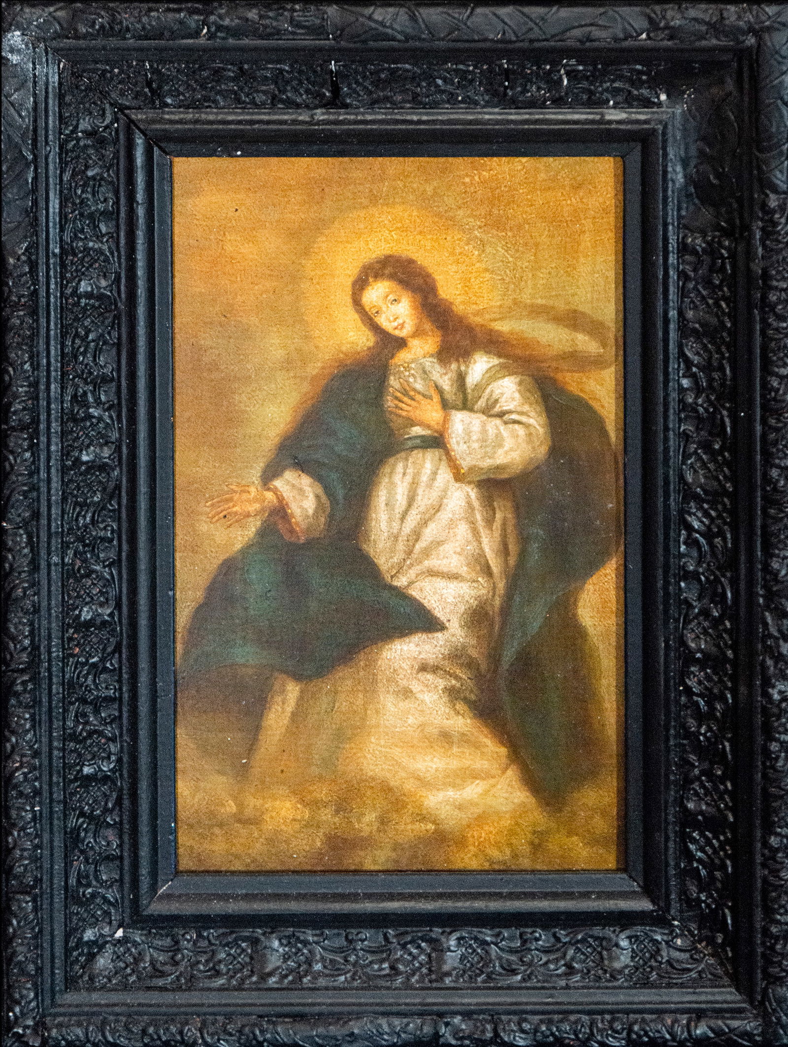 Immaculate Conception, Spanish school, 18th century: Oil on copper. Measurements 27 x 15 cm; with frame 36 x 26 cm.