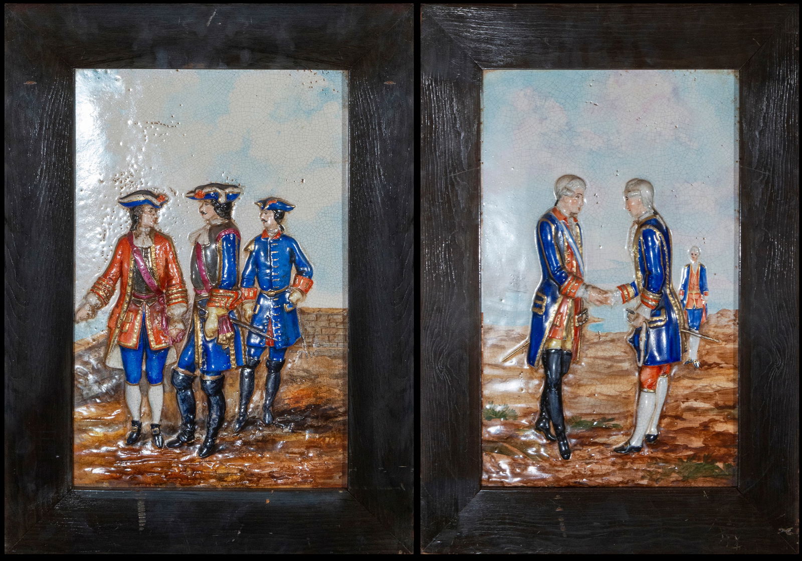 Pair of military scenes on English or French ceramics, European school, 19th century: Polychrome glazed ceramic with relief. Measures 49 x 31 cm; with frame 65 x 47 cm.