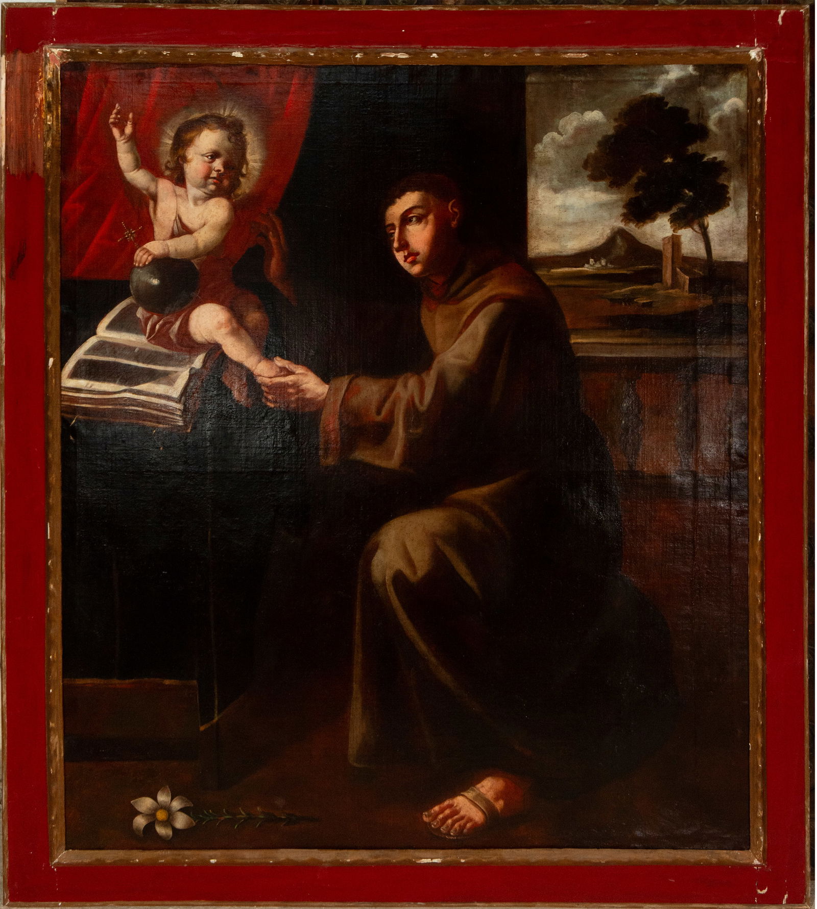 Saint Anthony of Padua with the Child, Flemish school, 17th century: Oil on canvas. Dimensions: 146 x 123 cm; 167 x 114 cm. A devotional scene centered on Saint Anthony of Padua kneeling before the Christ Child, who rests on a book and is accompanied by a delicate lily