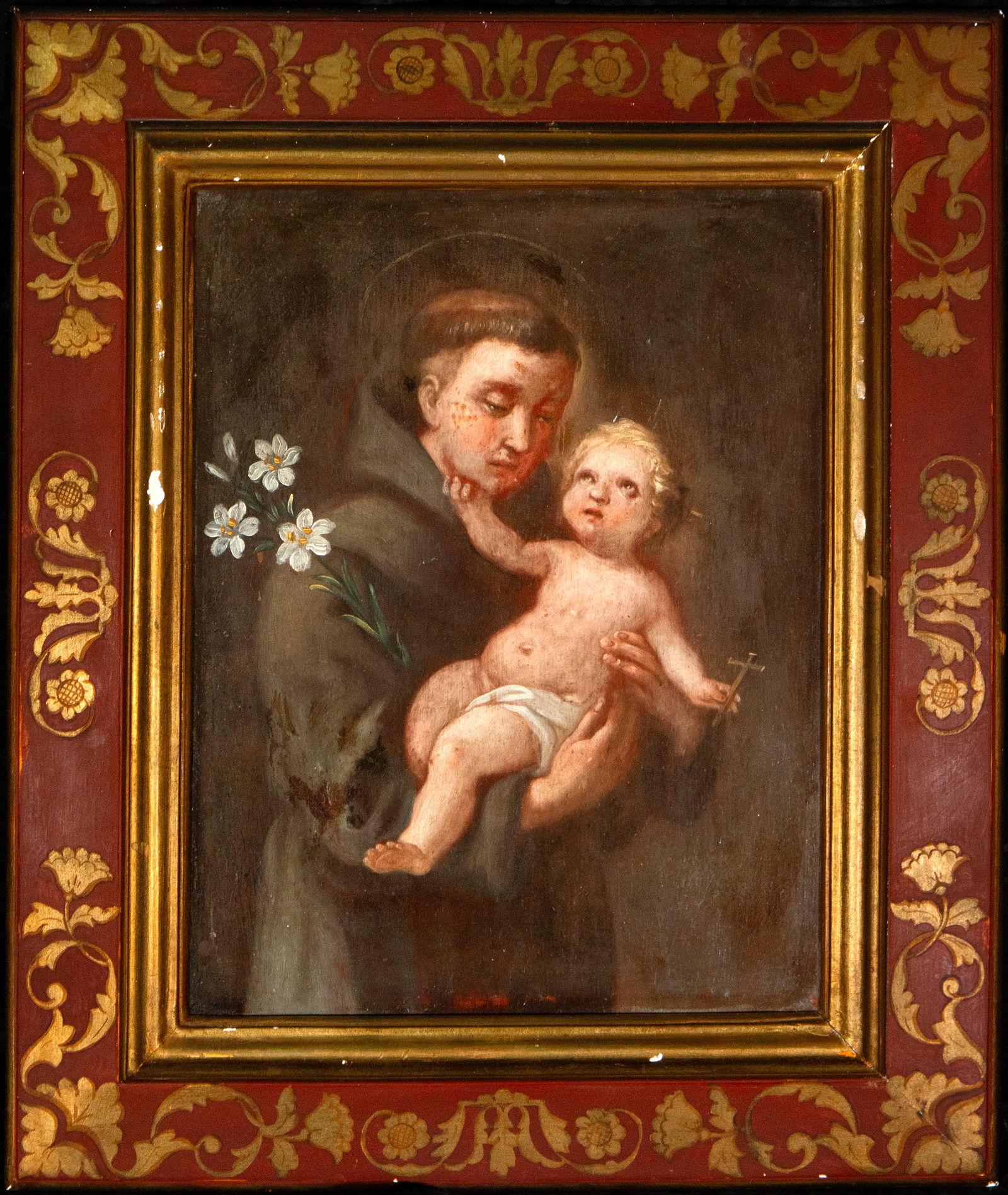 Saint Anthony with the Child, European school, 18th century: Oil on panel. Dimensions: 45 x 24 cm; 63 x 52 cm. Devotional composition depicting Saint Anthony holding the Christ Child, accompanied by lilies alluding to his purity. The affectionate closeness betw
