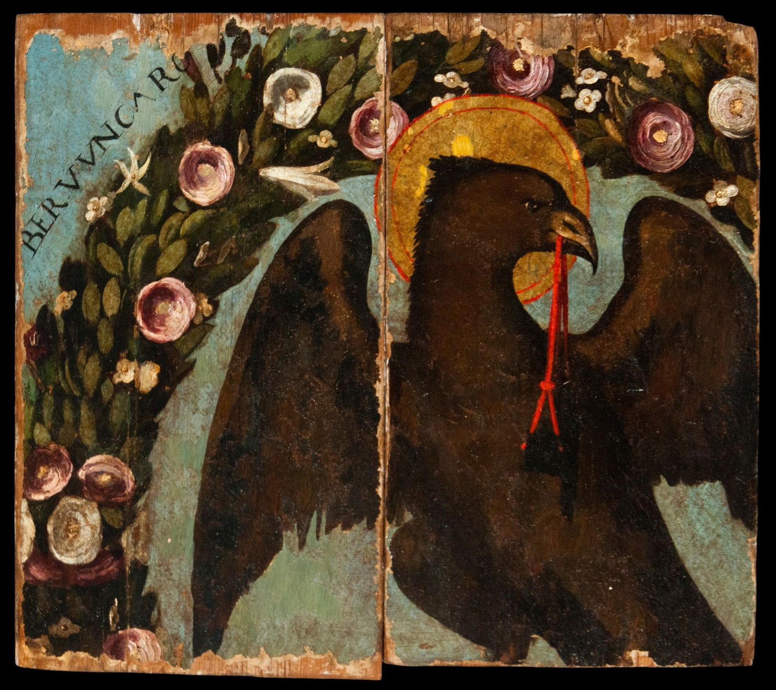 Fragment of a panel with a haloed eagle, Mexican Colonial School, 16th Century: Tempera or oil on panel. Dimensions: 65 × 52 cm. Fragment of a panel painting of remarkable symbolic power, in which a large eagle occupies almost the entire surface, silhouetted against a blue-green