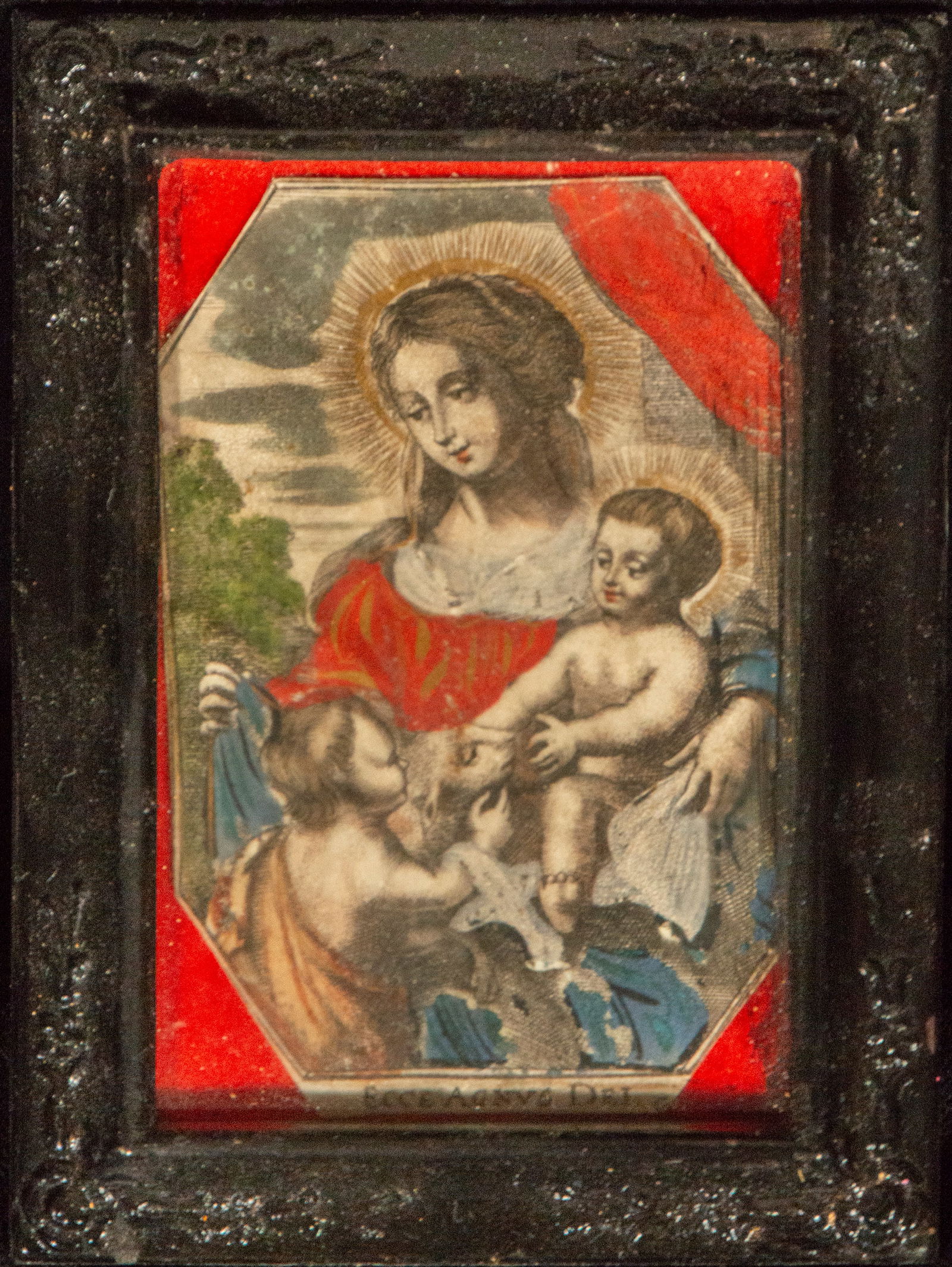 Virgin and Child with Saint John the Baptist, Italian School, 16th-17th Centuries: Colored vellum or print. Dimensions: 9 × 6 cm / 19 × 12 cm. Small-format image of the Virgin Mary holding the Child, accompanied by the infant Saint John the Baptist, rendered with a sweet expressio
