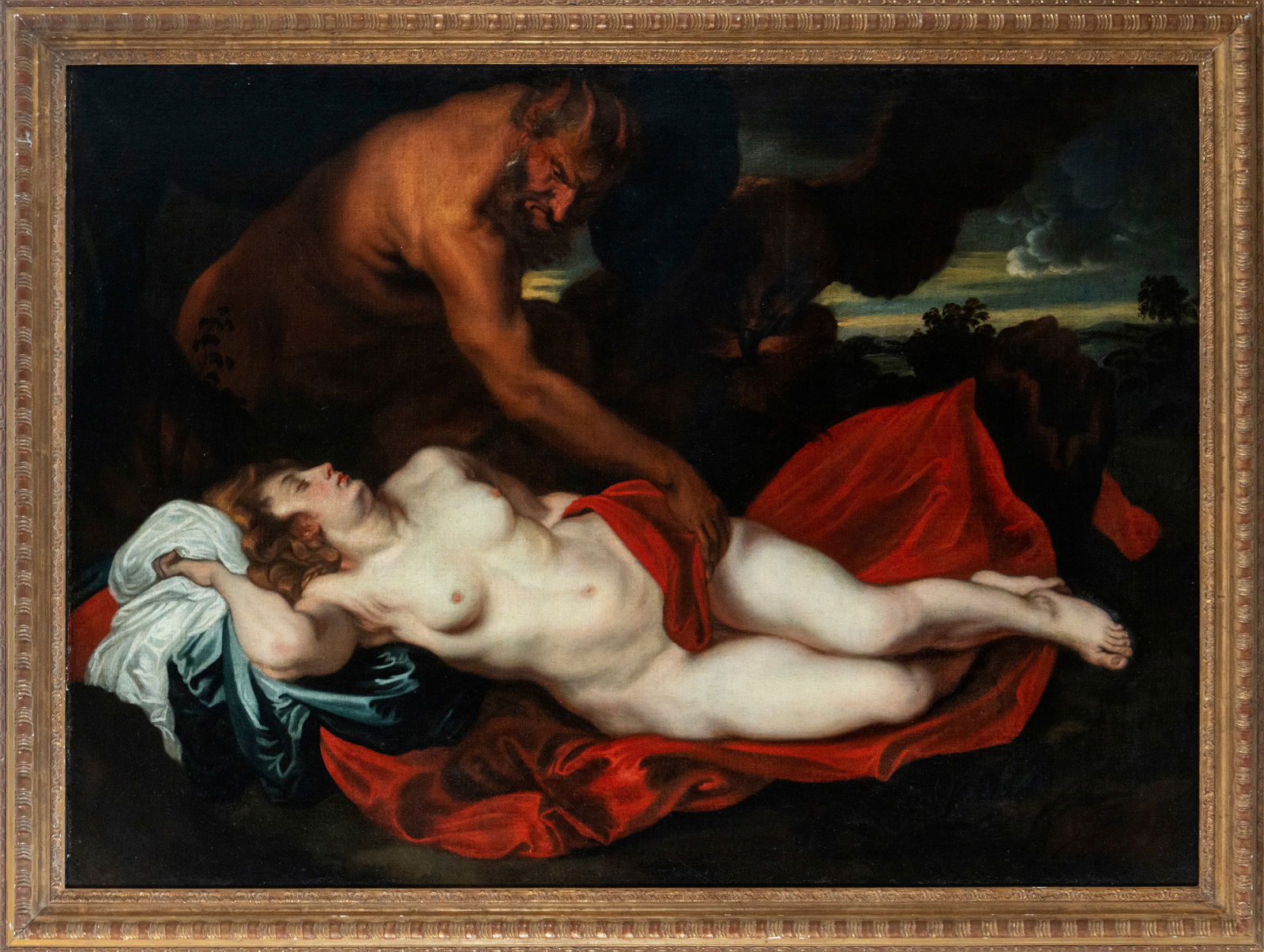 Monumental Faun with Venus, Workshop of Peter Paul Rubens - Flemish School - 17th Century: Oil on canvas. Dimensions: 159 x 118 cm; 177 x 136 cm with frame. An important mythological composition of great Baroque intensity, depicting Venus reclining on sumptuous red drapery and a faun leanin
