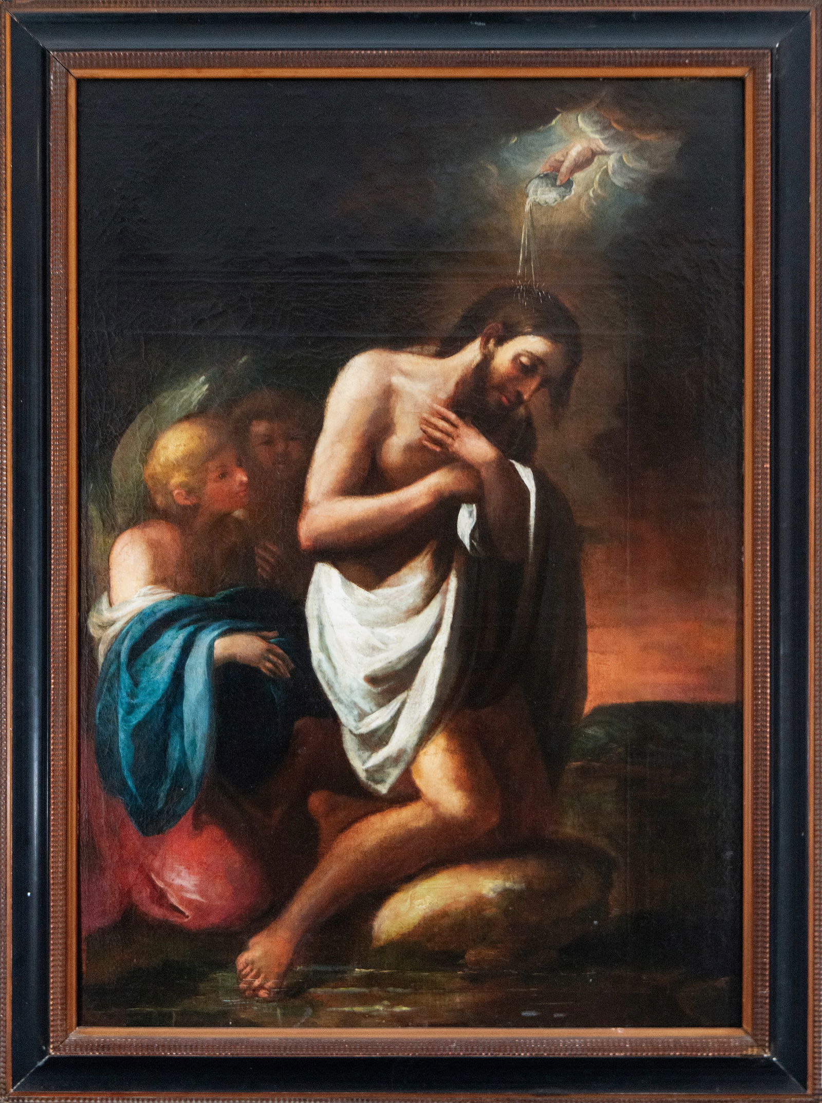The Baptism of Christ, Roman master of the late 17th century: Oil on canvas. Measurements: 136 x 96 cm; 158 x 117 cm with frame.