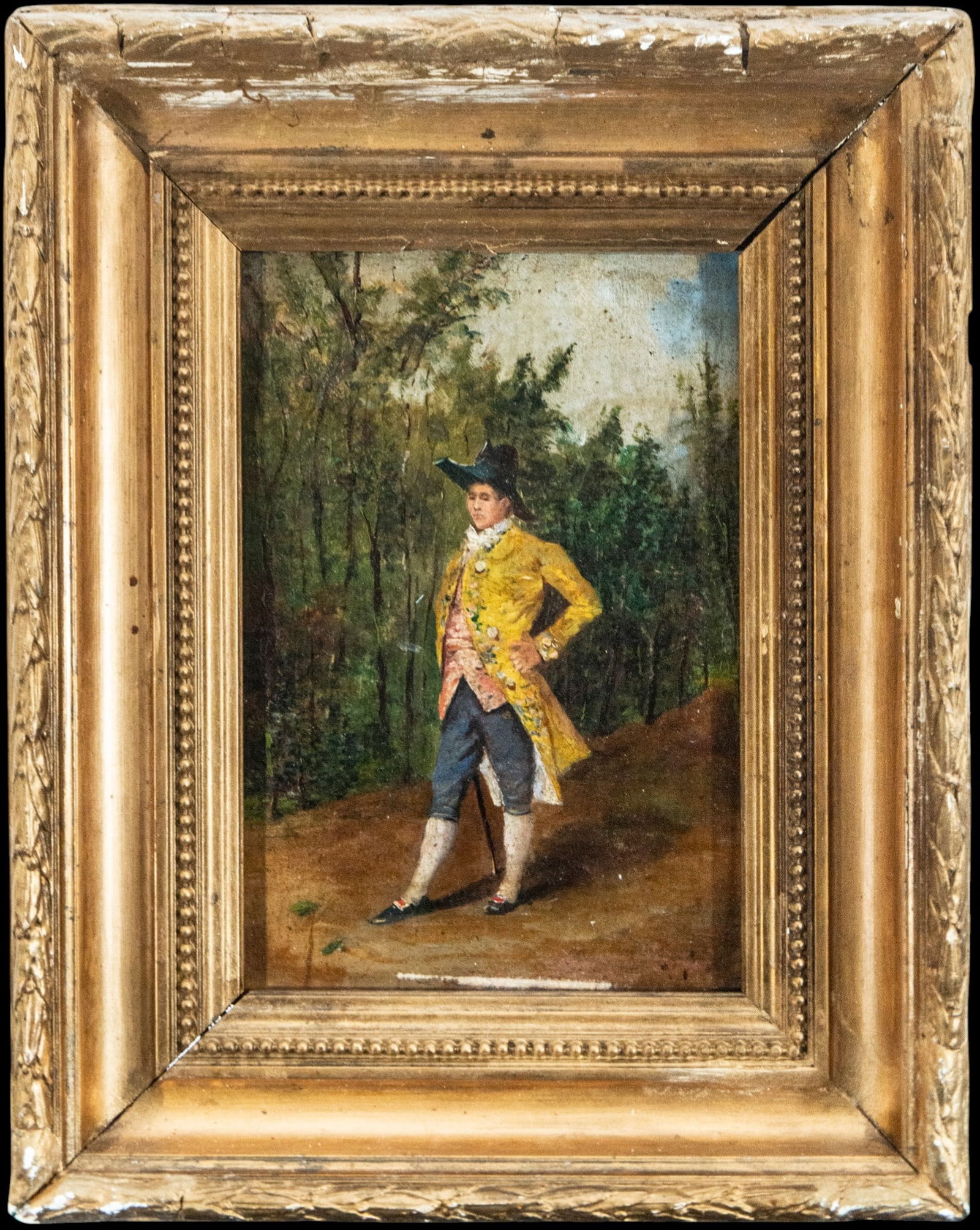 Portrait of a gentleman, European School, 19th Century: Oil on panel. Dimensions: 20 x 15 cm; 30 x 25 cm with frame. Small-format portrait of a figure dressed in 18th-century fashion, set in a wooded environment. The work reflects the historicist taste of