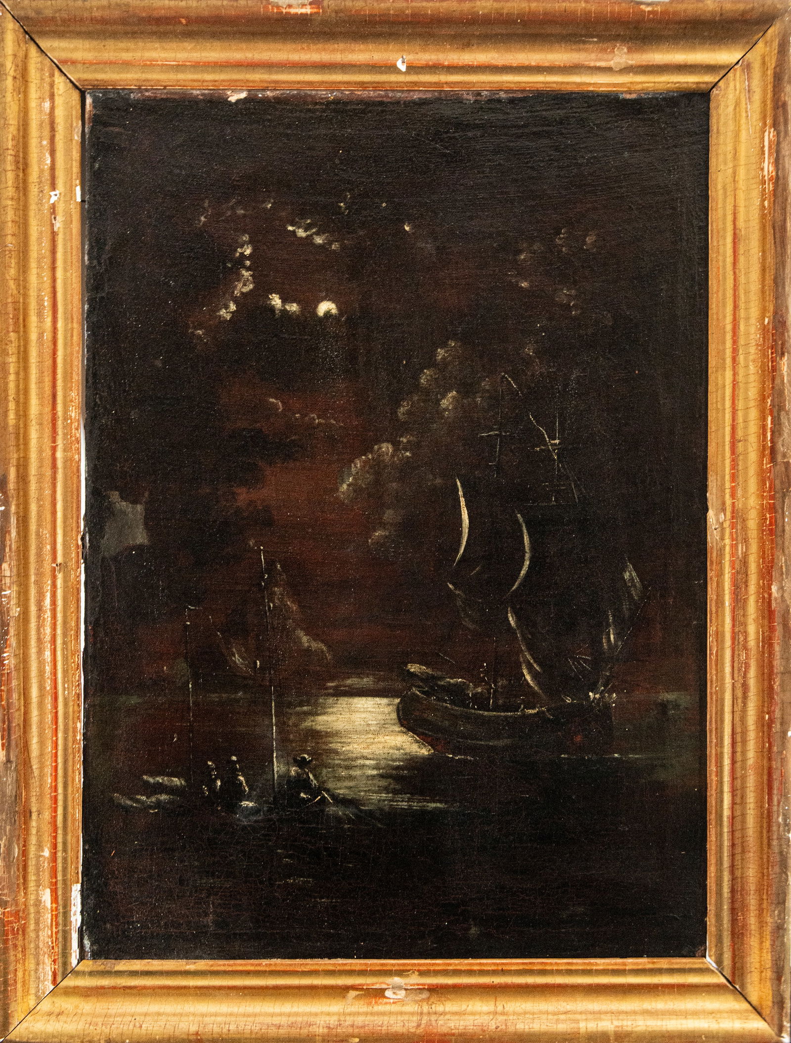 Night marine, French or Flemish school of the 17th century: Oil on canvas. Dimensions: 57 x 43 cm; 67 x 53 cm with frame. A nocturnal seascape with boats silhouetted against reflections of light on the water, rendered in a dark and evocative atmosphere. The co