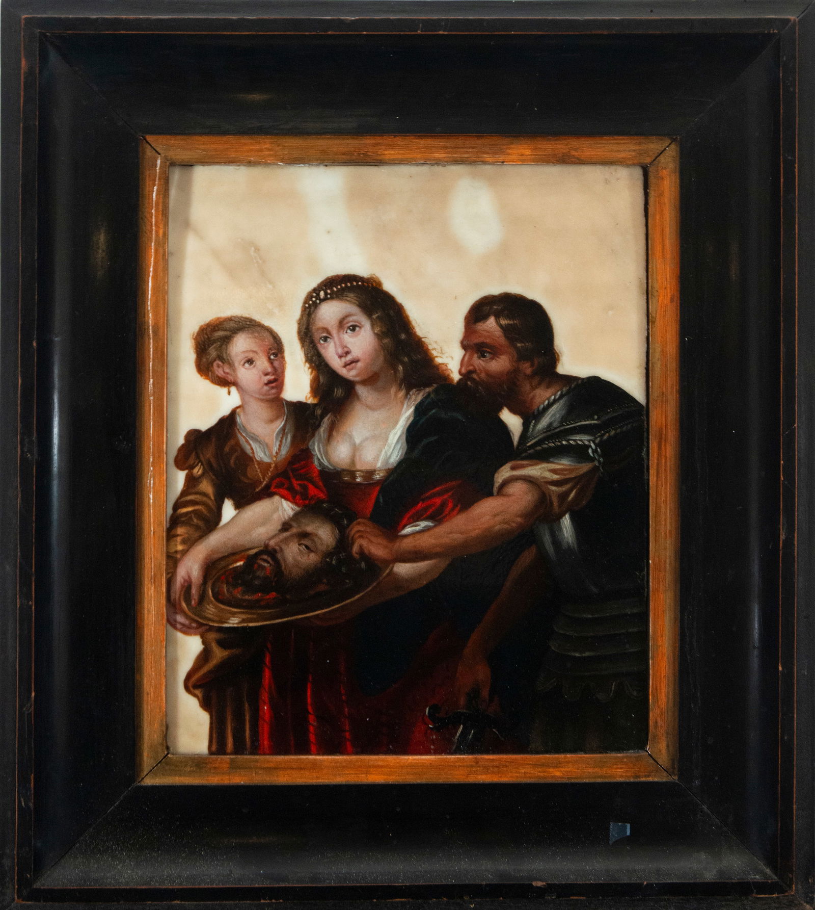 Exquisite 17th-century Roman alabaster oil painting - Roman Baroque Master: Painted alabaster. Possibly Roman master, yet to be identified. Dimensions: 36 x 29 cm; 54 x 48 cm with frame. A scene of intense drama depicts Salome holding the platter with the head of John the Bap