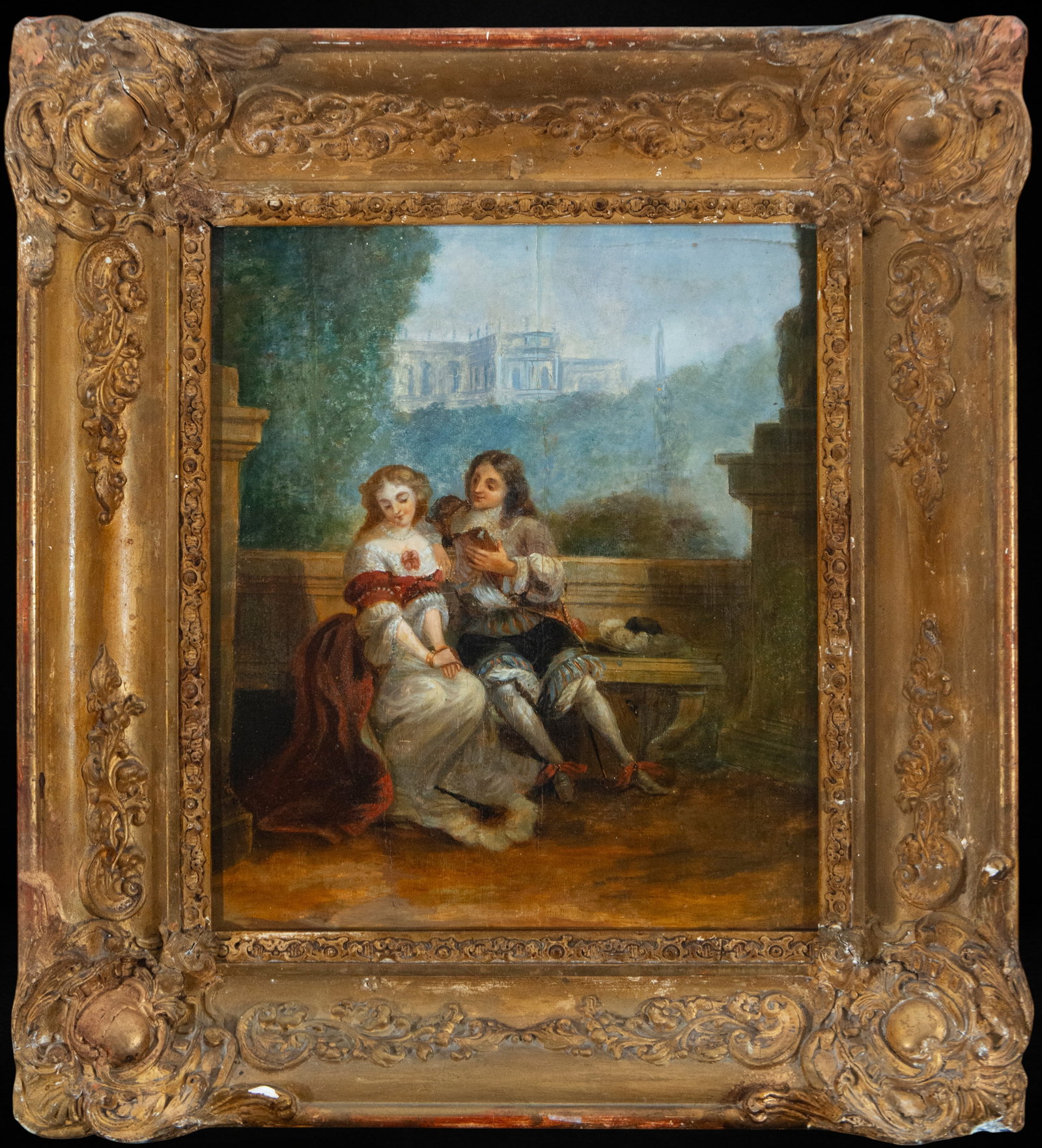 Gallant garden scene, European Rococo style, 20th century: Oil on canvas. Dimensions 30 x 25 / 42 x 37 cm. A composition depicting a gallant scene set in a garden with classical architecture in the background, where an elegantly dressed couple converses while