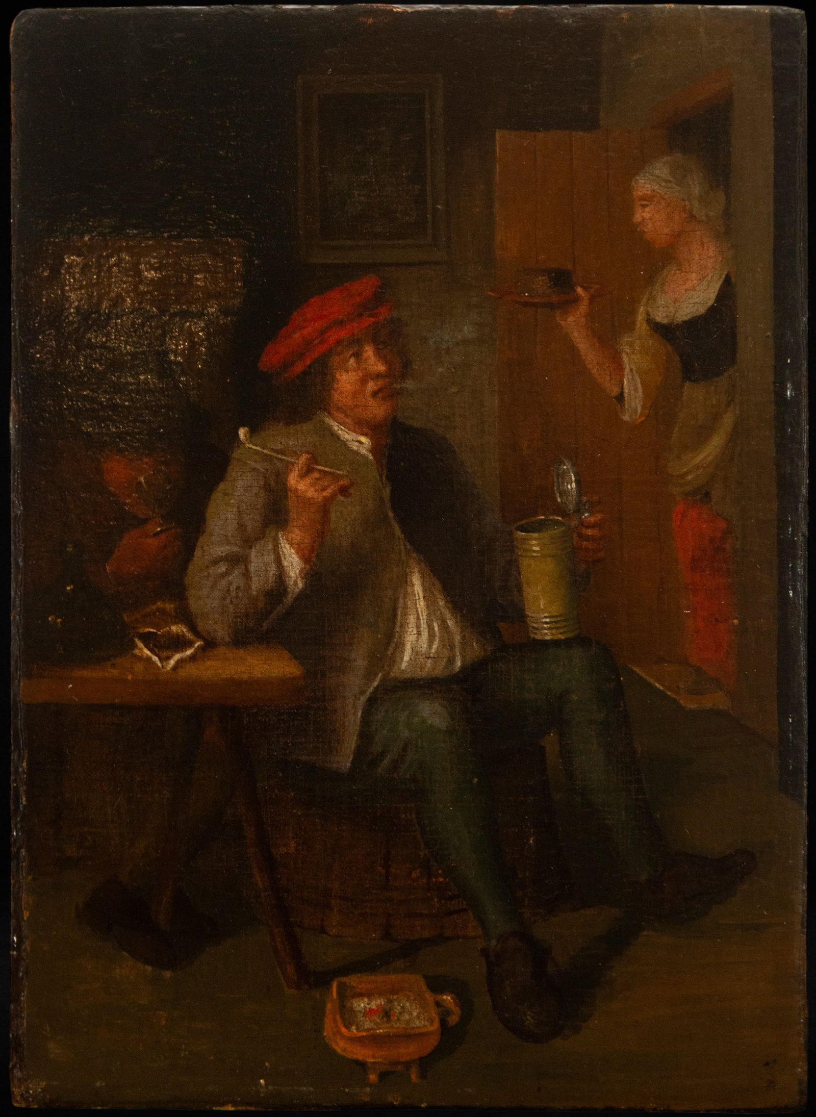 Adriaen Brauwer, Dutch School, 17th-18th Century: Oil on panel. Dimensions 32 x 23 cm. Interior tavern scene featuring a seated drinker wearing a red cap, holding a long pipe and a metal jug, while gazing at a woman entering with a tray. The dimly li