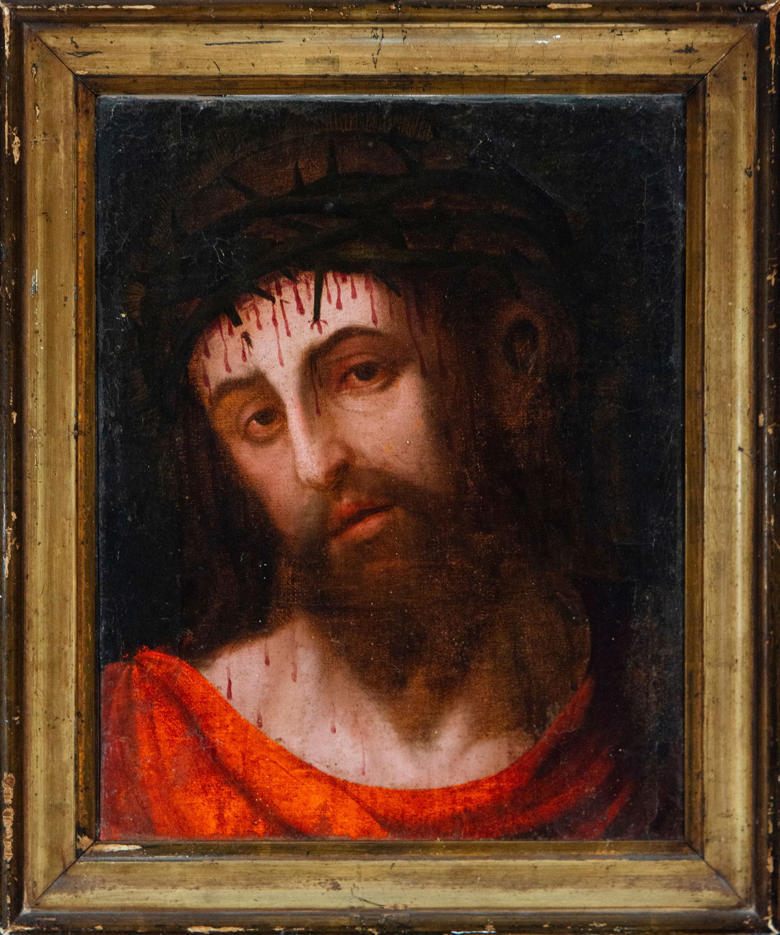 Ecce Homo, Valencian School after Juan de Juanes, 17th Century: Oil on canvas. Dimensions 40 x 31 / 48 x 40 cm. Devotional image of Christ crowned with thorns, presented in the foreground with his head bowed and his sorrowful gaze directed at the viewer. The dark