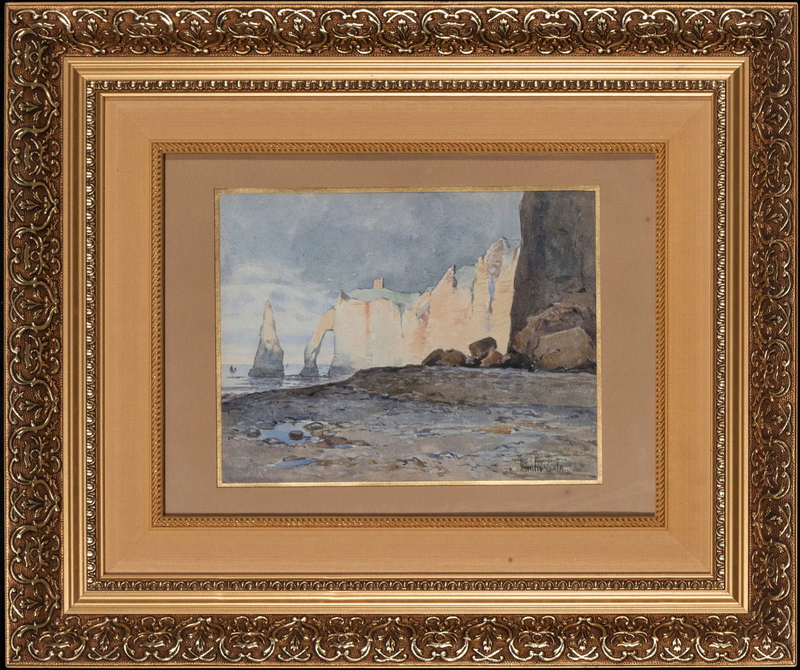 Emilio Sala, Acantilado - Spanish School, 19th Century: Watercolor on paper. Dimensions 25 x 20 in / 52 x 43 cm. A vertically articulated coastal view, with a rocky cliff dominating the composition and small boats on a calm sea. The scene is rendered with