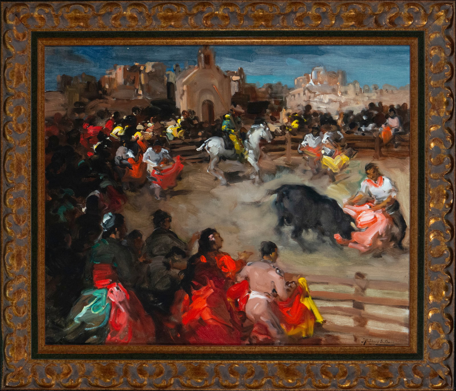 The Bullfight, Signed Francisco Rodríguez San Clement, Spanish School, 19th Century: Oil on canvas. Dimensions 65 x 54 / 79 x 68 cm. A popular scene of bullfighting in an urban setting, with figures in motion and bullfighting action conceived with narrative intent and great local colo