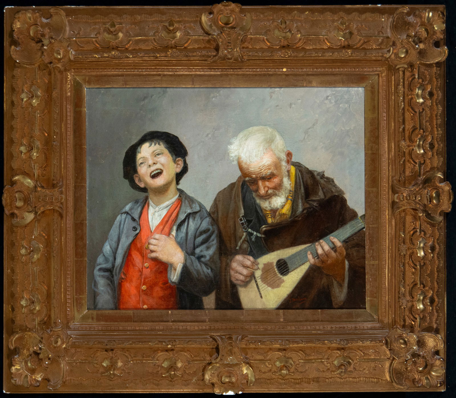 Old man playing the zither with a singing boy, Signed José Benlliure Gil, Spanish School, 19th: Oil on canvas. Dimensions 42 x 57 / 81 x 70 cm. Genre scene depicting an elderly musician playing a zither or lute while a boy, standing beside him, sings with open expression and spontaneous gestures