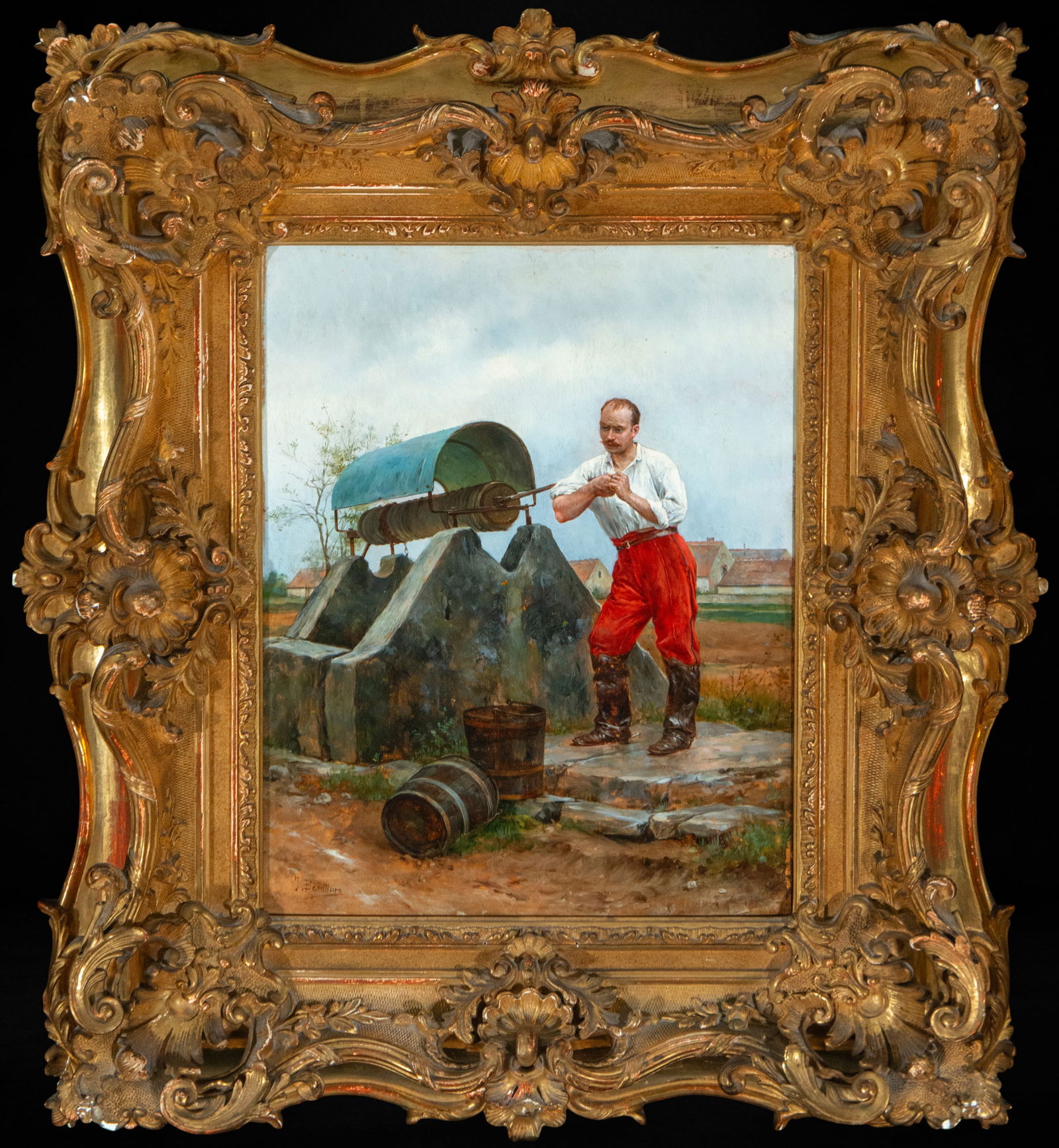 Soldier in the Well, Signed José Benlliure Gil, Spanish School, 19th Century: Oil on panel. Dimensions 35 x 27 / 56 x 50 cm. A genre scene featuring a soldier or peasant by a hand-operated well, set in a rural environment with low-rise buildings and everyday objects in the fore