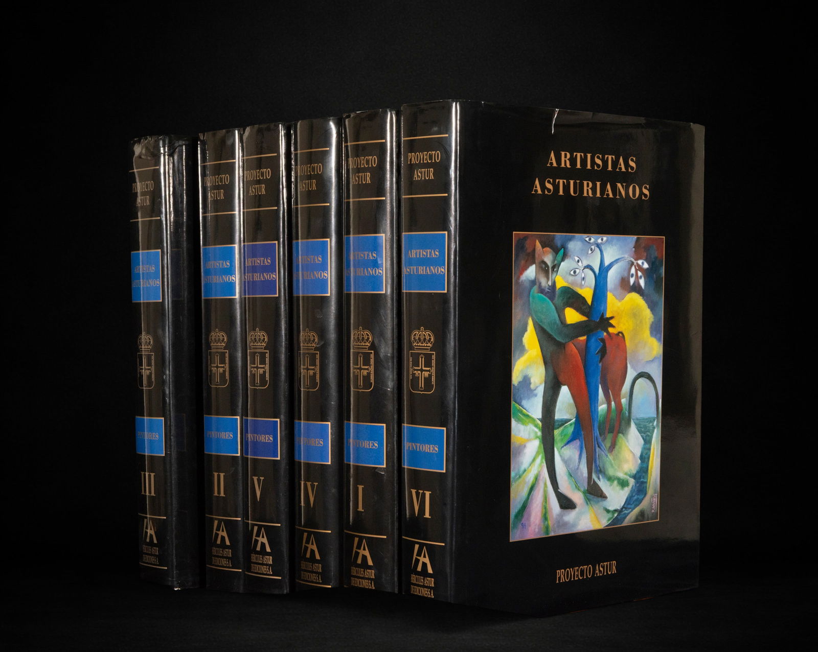 Asturian artists, collection of volumes, 20th century: A set of bound volumes. Dimensions: 29 x 23 x 25 cm. This bibliographic series, dedicated to Asturian painters, is presented in several volumes with uniform binding, illustrated black covers, and gilt