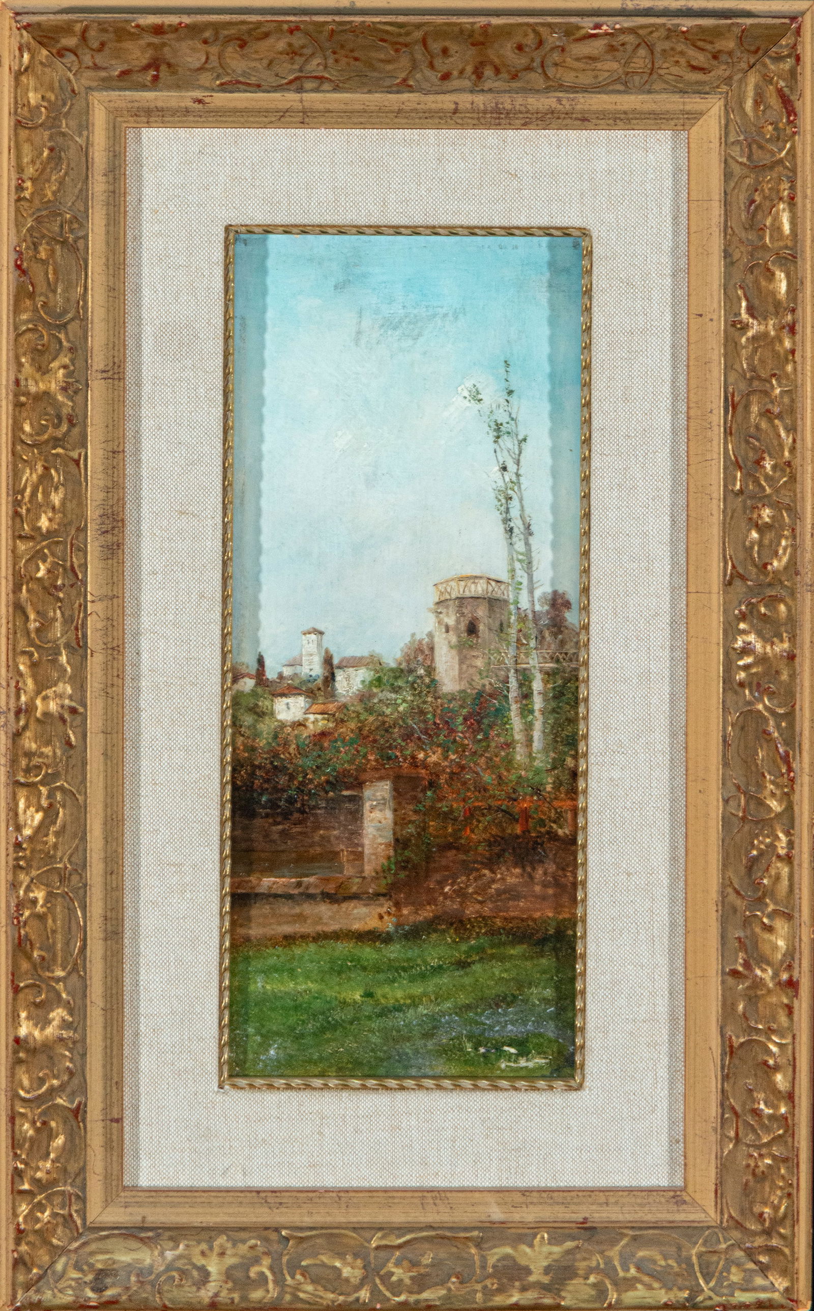 Landscape with architecture, Signed, European landscape school, 19th century: Oil on panel. Dimensions 50 x 31 cm. Vertical composition depicting an architectural and garden scene, where a cylindrical tower and low-profile buildings emerge from lush vegetation beneath a clear,