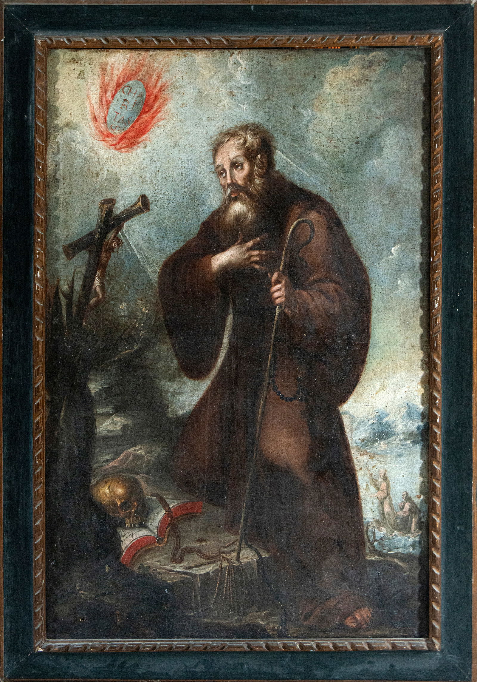 Saint Francis of Paola, attributed to Valdés Leal, Sevillian school of the 17th century: Oil on canvas. Dimensions 156 x 102 / 182 x 128 cm. Devotional composition featuring Saint Francis of Paola in a contemplative pose, dressed in a dark habit and holding a staff, his gaze directed towa