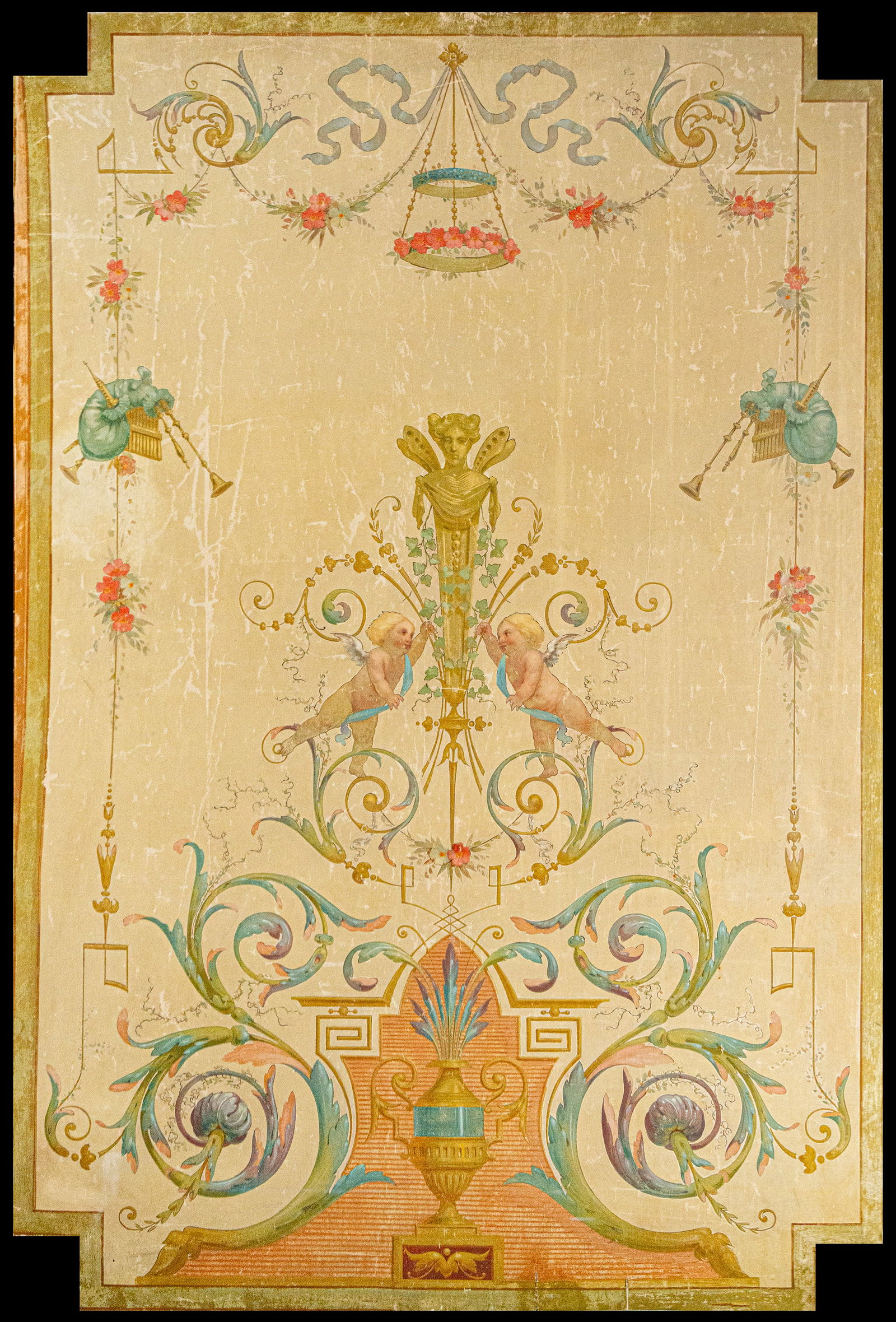 Important French Neoclassical Ceiling Panel - 19th Century: Oil painting. Measures 222 x 150 cm. Large ornamental panel with a symmetrical composition, articulated by vegetal scrolls, floral garlands, ribbons, musical trophies, facing putti, and a central axis