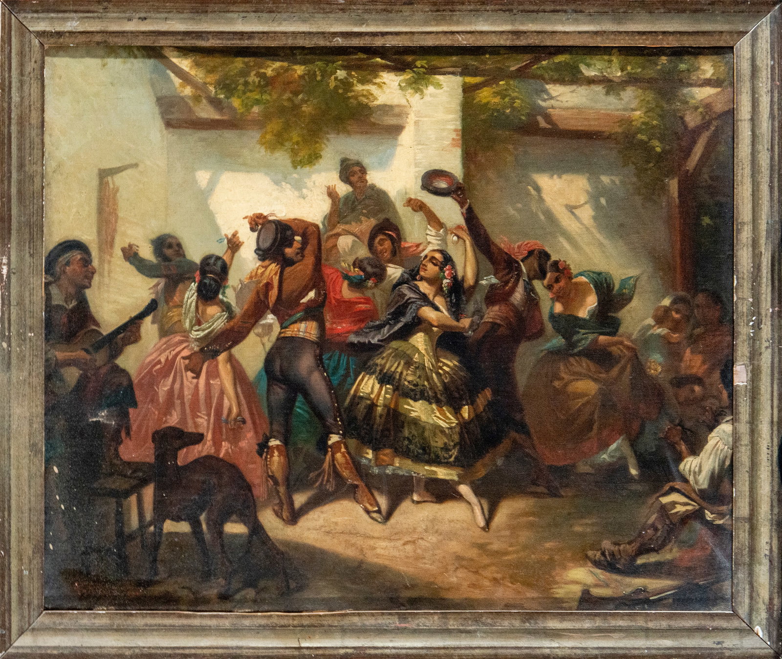 Dance in an inn, possibly signed, French school, 19th century: Oil on canvas. Measurements 61 x 51 / 68 x 58 cm.