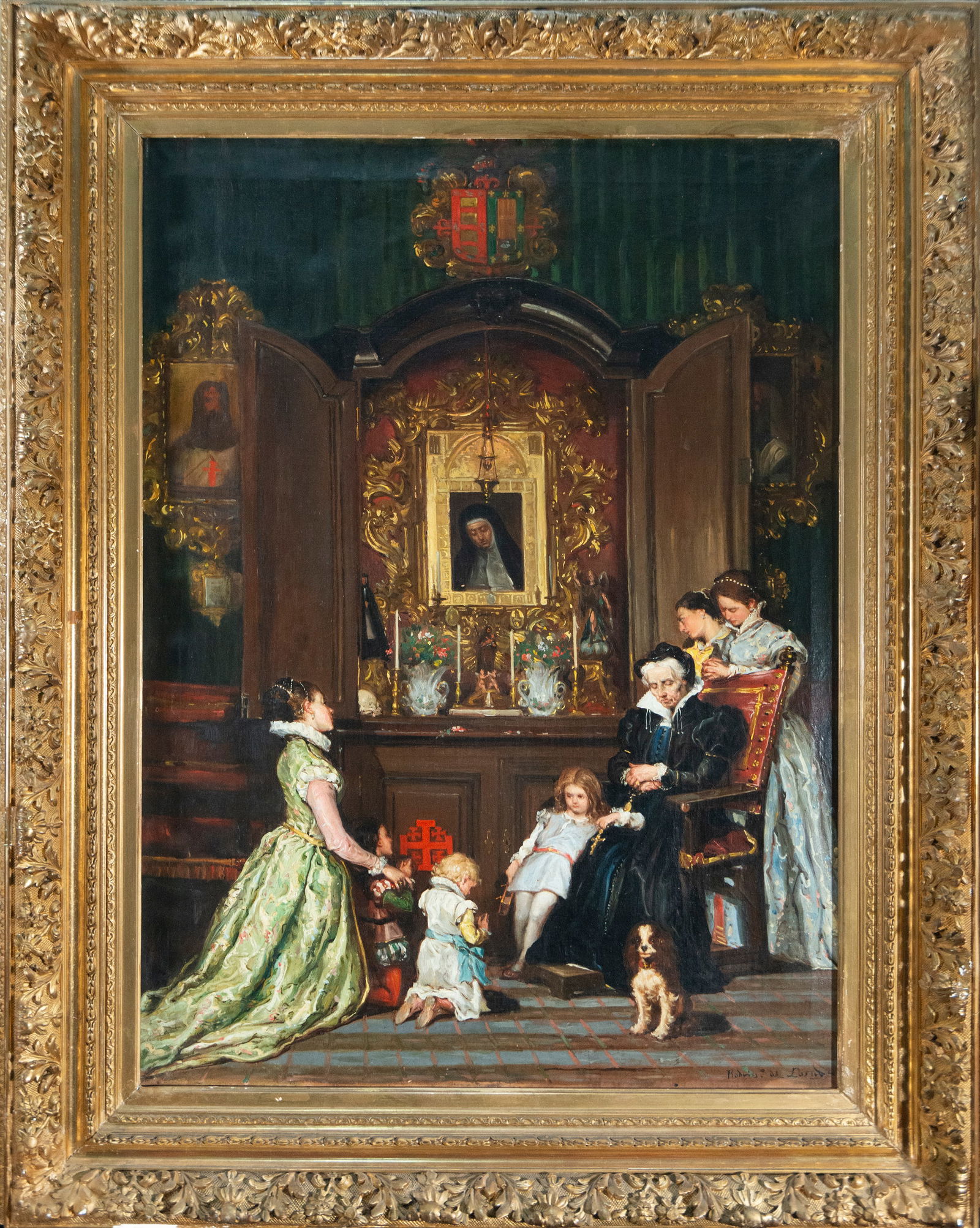 The Family at the Altar, signed Rodríguez de Losada, Spanish School, 19th Century: Oil on canvas. Dimensions 85 x 63 cm. An intimate and devotional interior scene depicts several family members gathered before a domestic oratory presided over by a religious image, while a kneeling l
