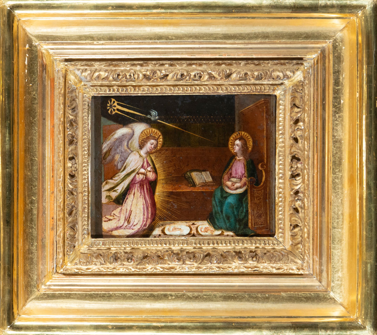 The Annunciation, colonial school, 18th century, oil on copper: Painting on panel. Measures 22 x 17 / 45 x 39 cm.