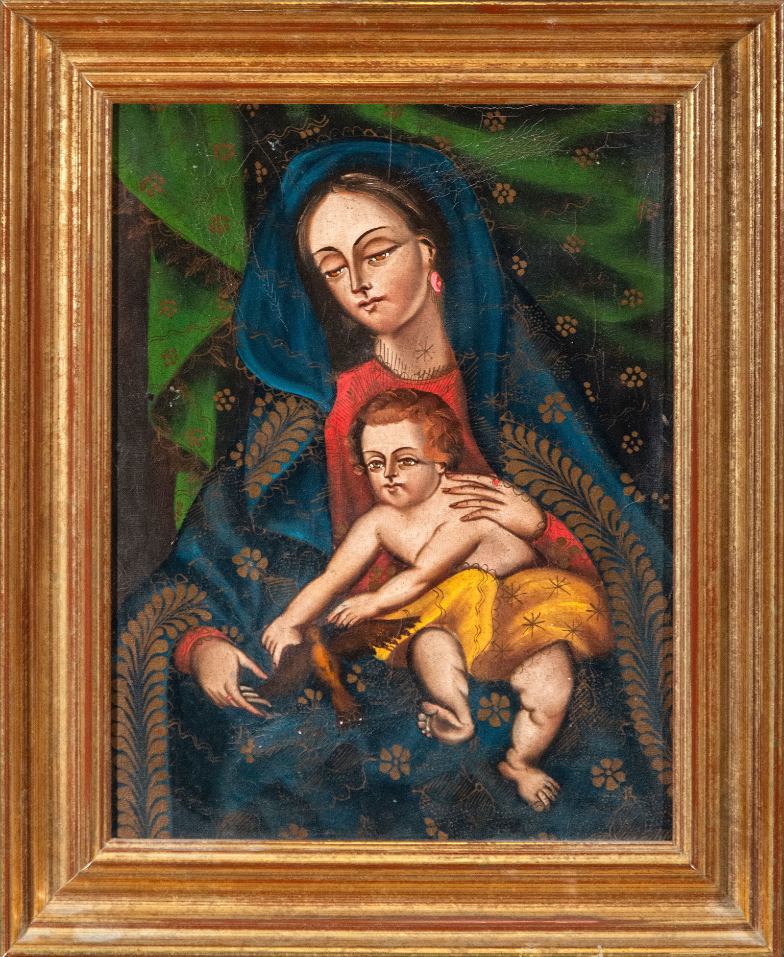 Virgin and Child, Cuzco School, 20th Century: Painting on panel. Measures 34 x 26 / 44 x 36 cm.