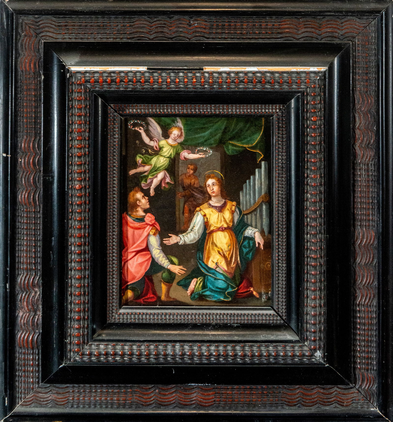 Saint Valerian and Saint Cecilia, Hispanic school - 17th century: Oil on copper. Measurements 23 x 18 / 47 x 31 cm.