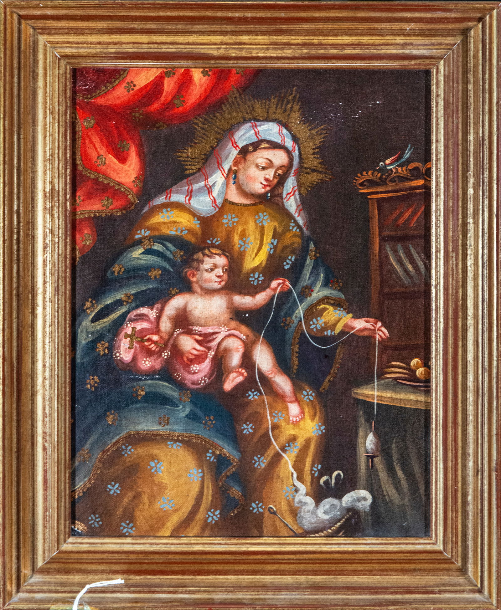 Virgin and Child Spinning, Cuzco School, 20th Century: Oil on canvas. Measurements 44 x 35 cm.