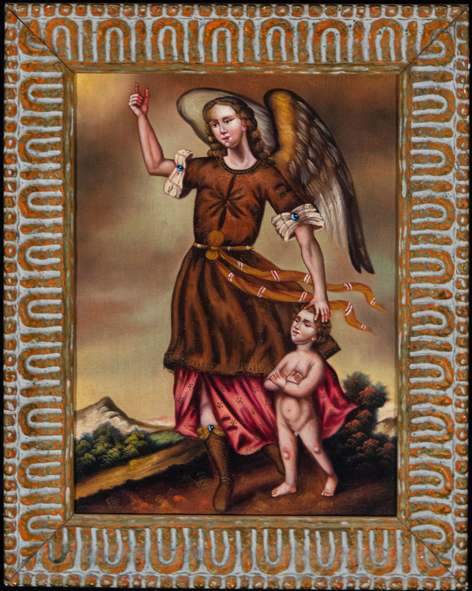 Archangel Saint Michael defeating the devil, Cuzco School, 20th Century: Oil on canvas. Dimensions 40 x 29 / 52 x 41 cm. The scene depicts the archangel standing upright in an open landscape, one hand raised in a gesture of authority and the other holding the head of the c