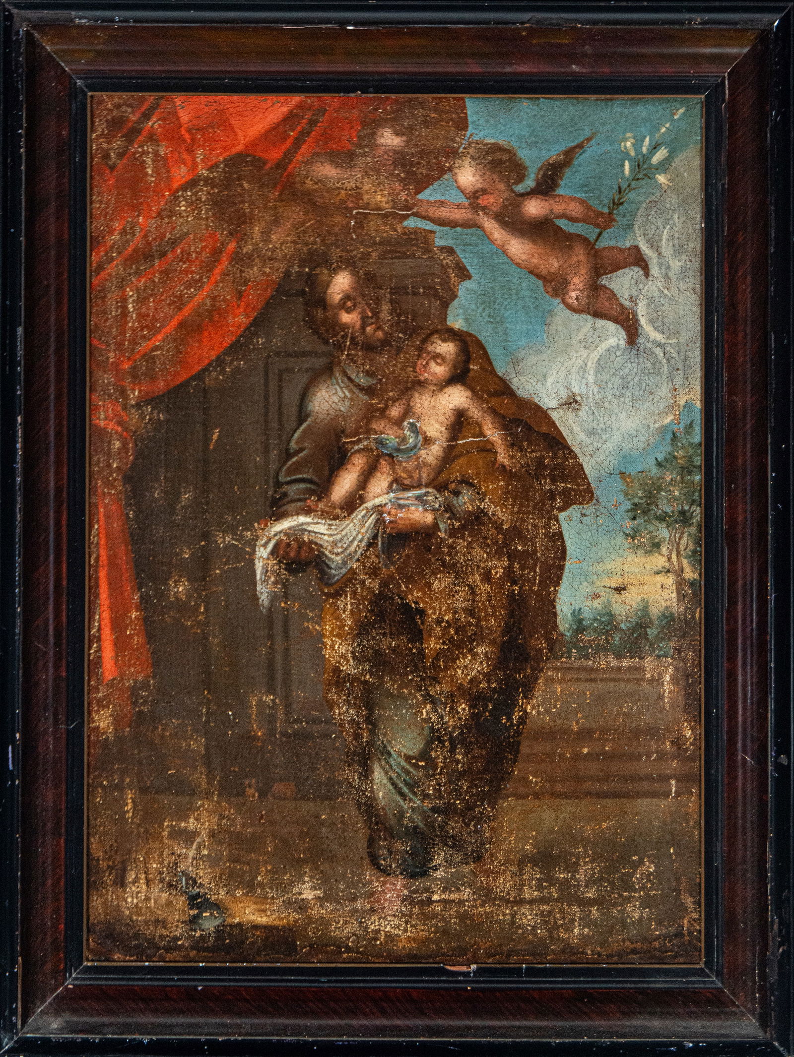 Saint Joseph with the Child and Angel, Italian School, 18th Century: Oil on canvas mounted on hardboard. Measures 100 x 78 cm.