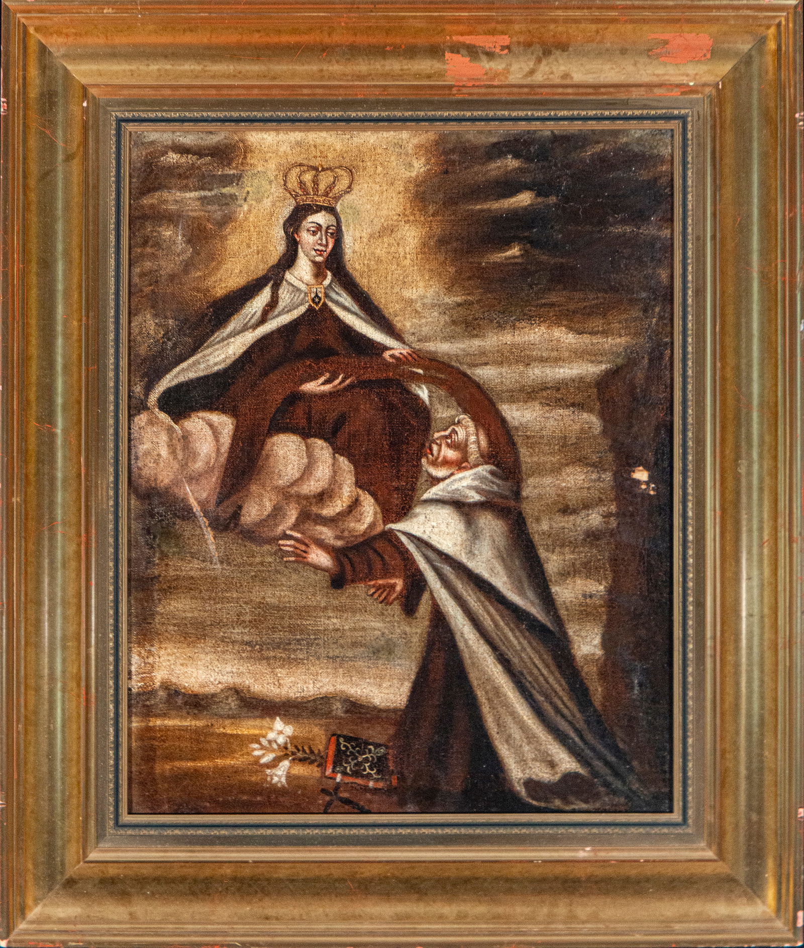 Virgin Mary bestowing the chasuble upon Saint Ildefonso, Hispanic School, 18th Century: Oil on canvas. Dimensions 68 x 55 / 92 x 80 cm. Devotional scene in which the Virgin, enthroned on clouds and crowned, leans towards Saint Ildefonso to present him with the chasuble, while the saint a