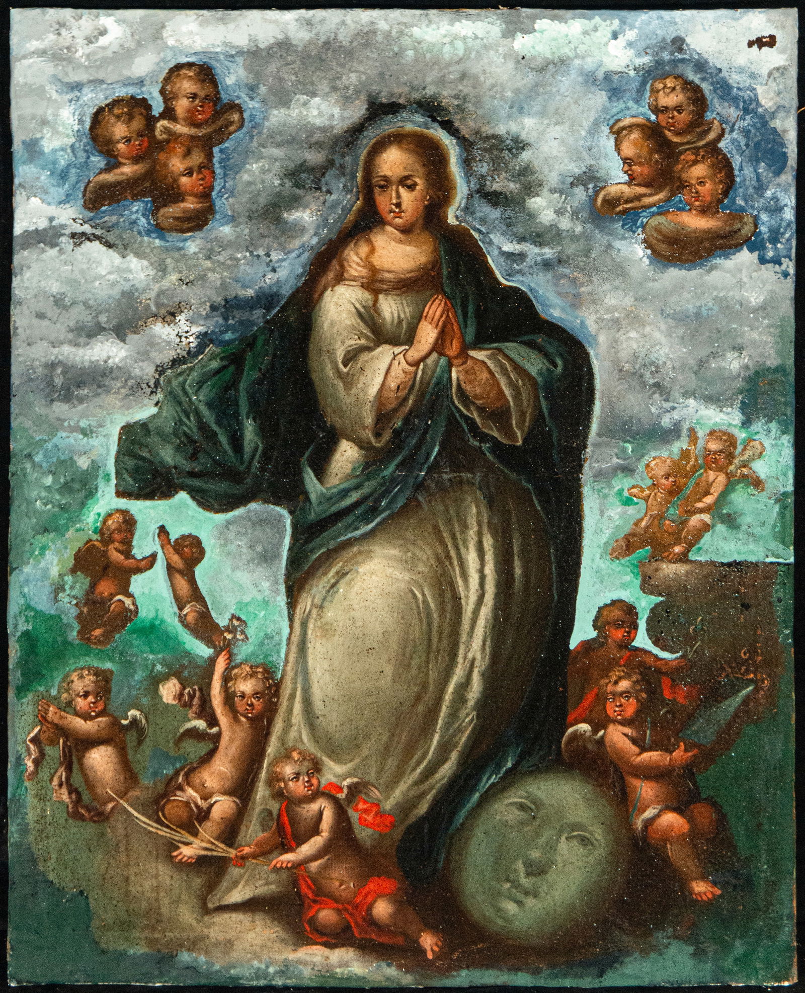 Immaculate Conception, Hispanic American School, late 17th - early 18th century: Oil on canvas. Measures 65 x 53 cm. Image of the Immaculate Conception standing on the moon, with her hands joined in prayer and surrounded by a court of cherubs among clouds, in accordance with the B