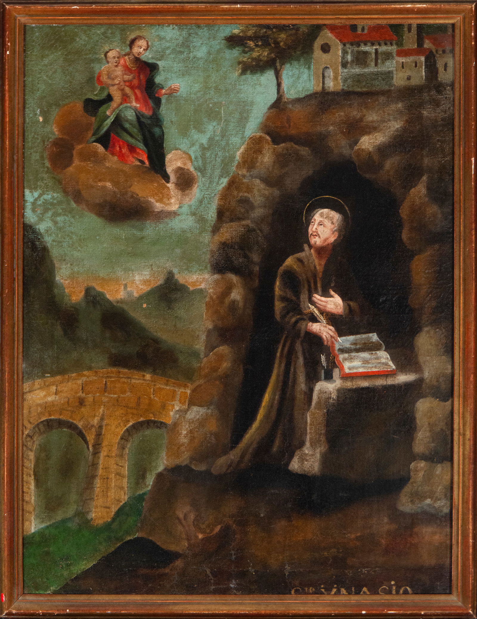 Saint Anthony of Padua with the Child, Popular School, late 19th Century: Oil on canvas. Dimensions 85 x 64 / 92 x 71 cm. A devotional composition depicting Saint Anthony of Padua in the secluded interior of a grotto or chapel, before an open book and lilies, while above, t