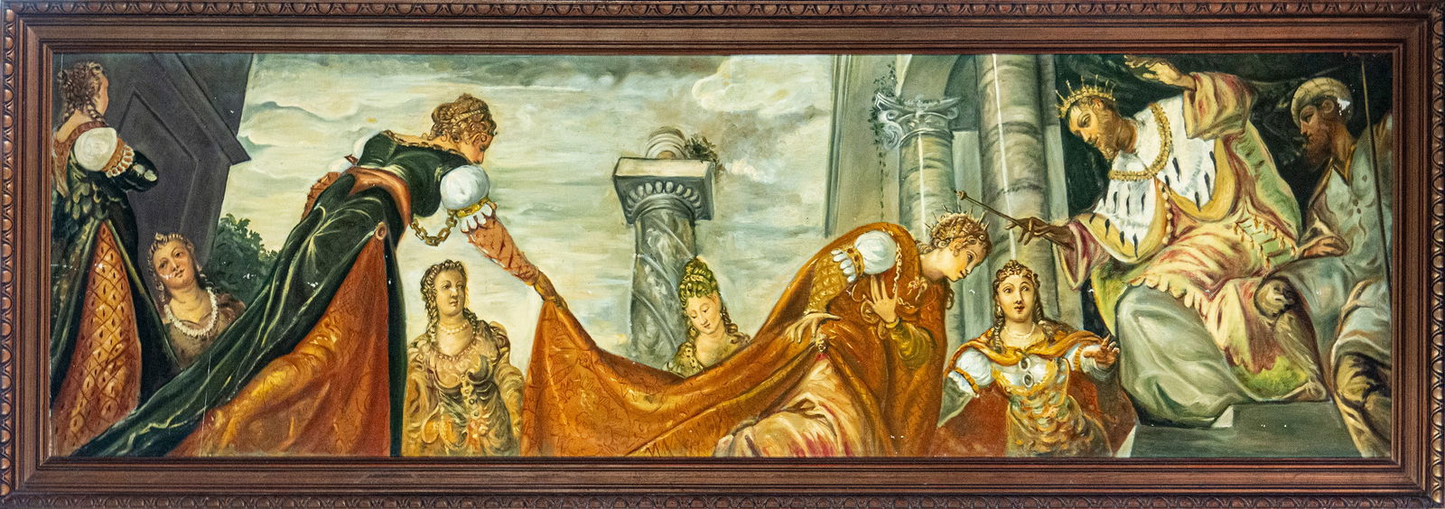 Biblical scene in Venetian style, Mannerist school, 20th century: Oil on canvas. Dimensions 200 x 59 / 214 x 74 cm. A horizontal, elongated composition with elegant classical architectural elements and richly draped female figures grouped around a biblical or histor