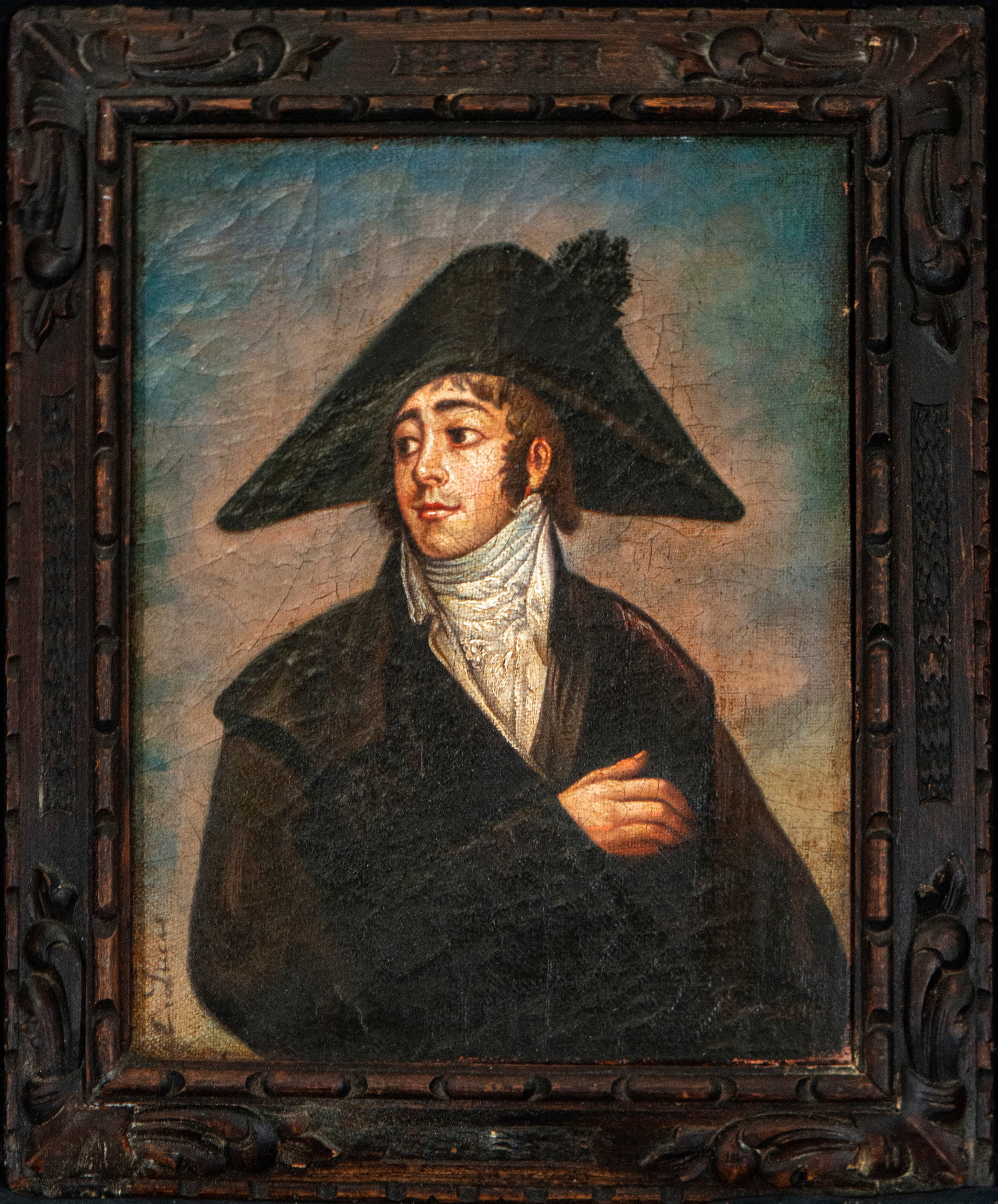 Male portrait, signed, Spanish school, 19th century: Oil on canvas. Dimensions 27 x 33 / 37 x 32 cm. Bust portrait of a gentleman wearing a bicorn hat and dark frock coat, shown in three-quarter view with his face turned to one side and an attentive exp
