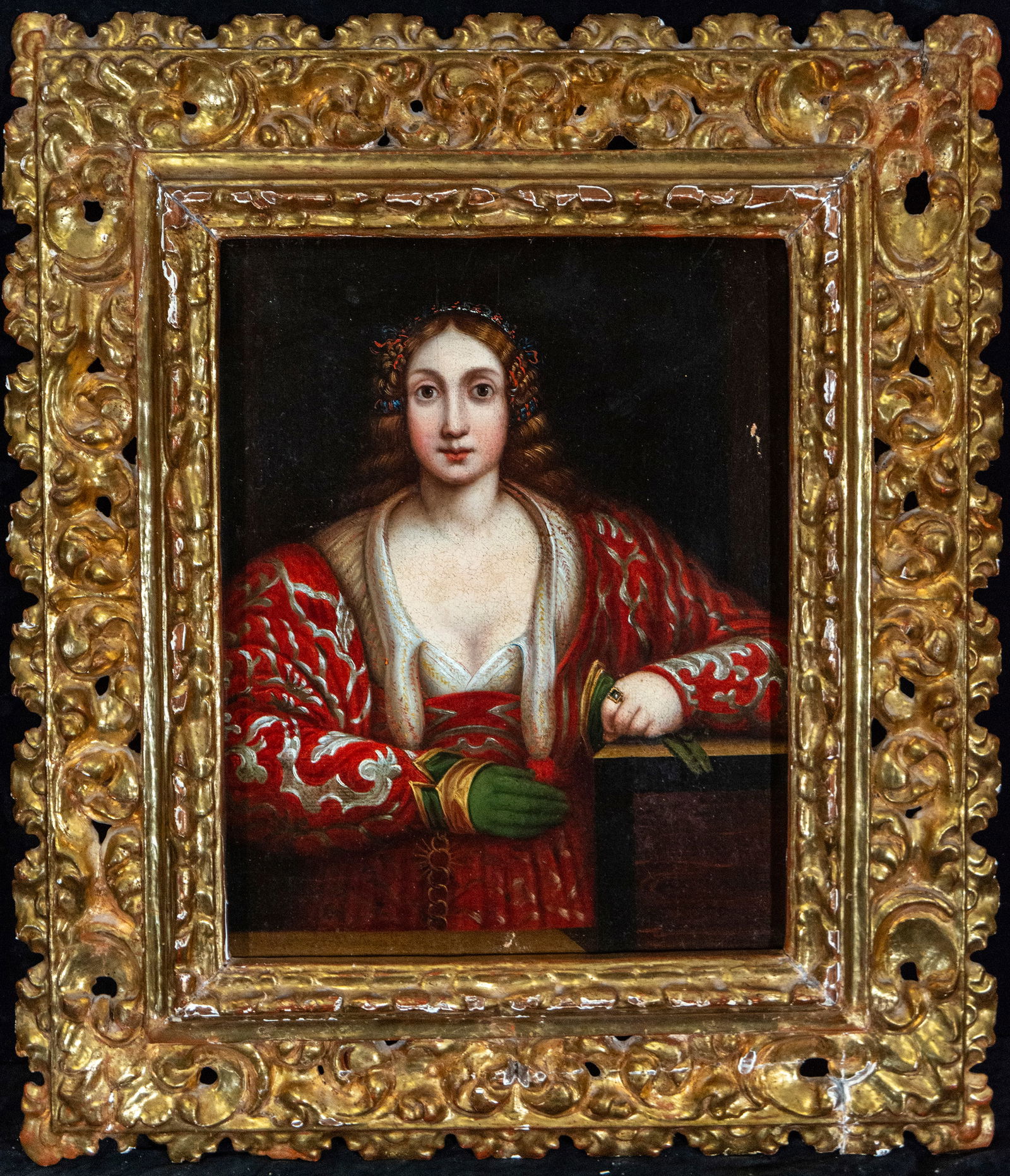 Decorative Lady, Late Renaissance, Northern Italian, 17th Century: Oil on canvas. Measurements 36 x 28 / 57 x 50 cm.